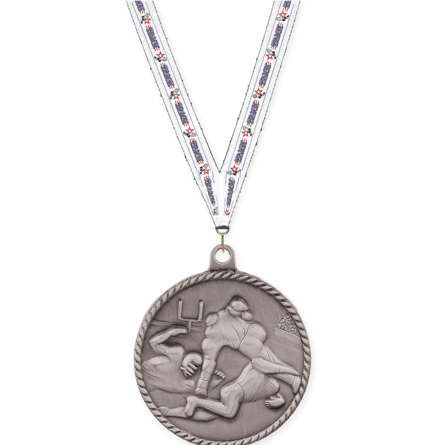2 inch football High Relief medal in bright silver with Track neck ribbon