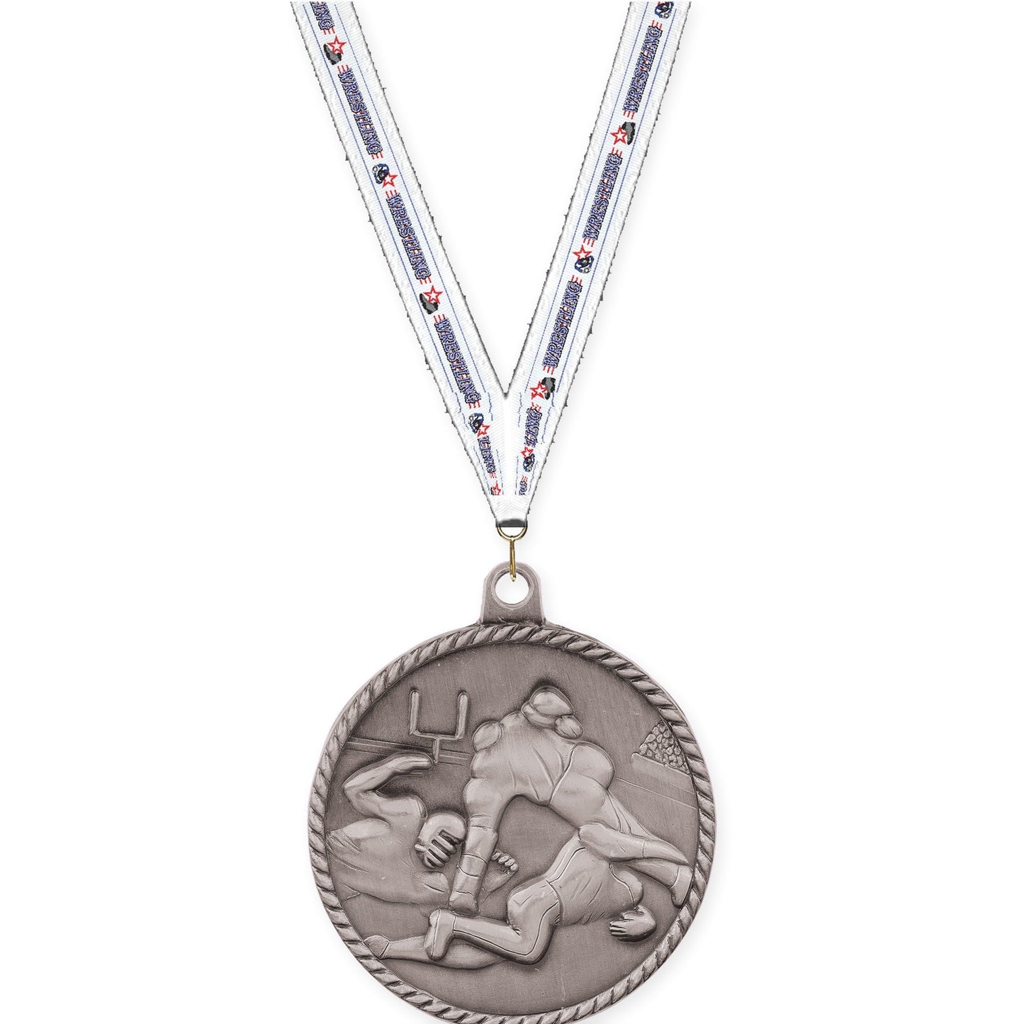 2 inch football High Relief medal in bright silver with Wrestling neck ribbon