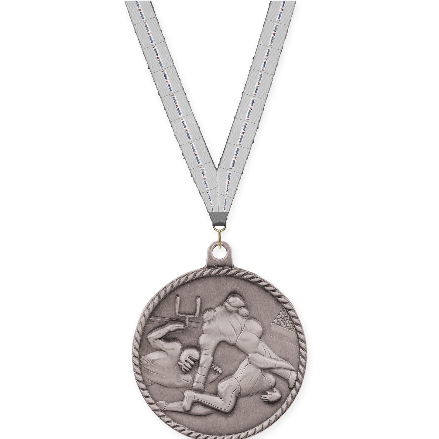 2 inch football High Relief medal in bright silver with Auto Racing neck ribbon