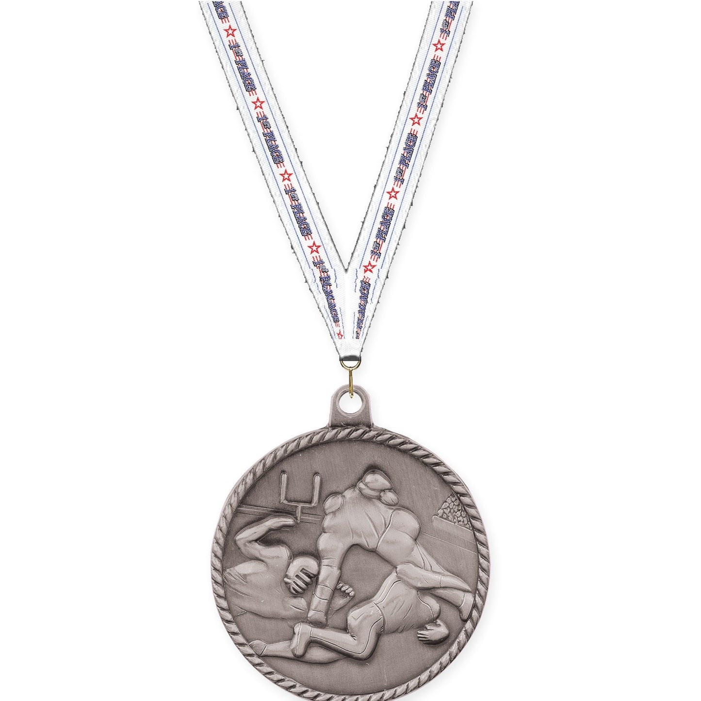 2 inch football High Relief medal in bright silver with 1st Place neck ribbon