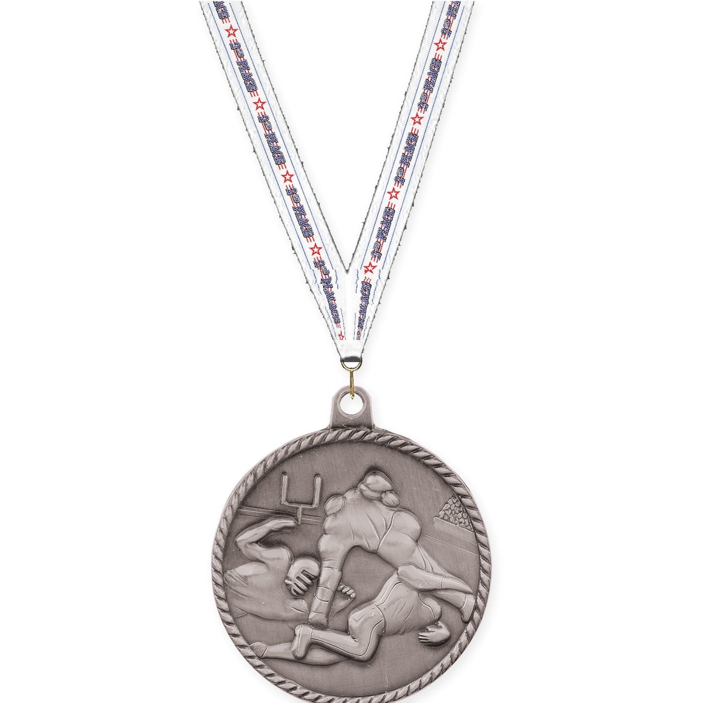 2 inch football High Relief medal in bright silver with 2nd Place neck ribbon