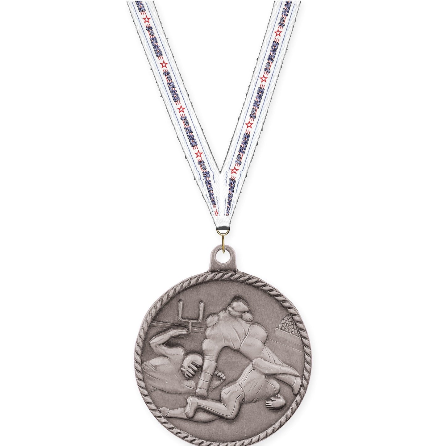 2 inch football High Relief medal in bright silver with 3rd Place neck ribbon