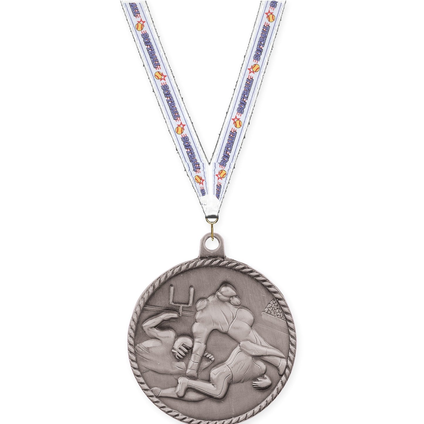 2 inch football High Relief medal in bright silver with Softball neck ribbon