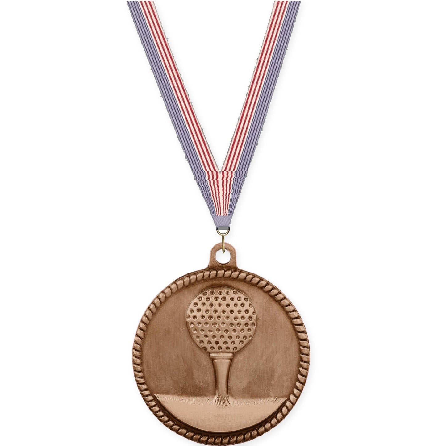 2 inch golf High Relief medal in antique bronze with USA Flag neck ribbon