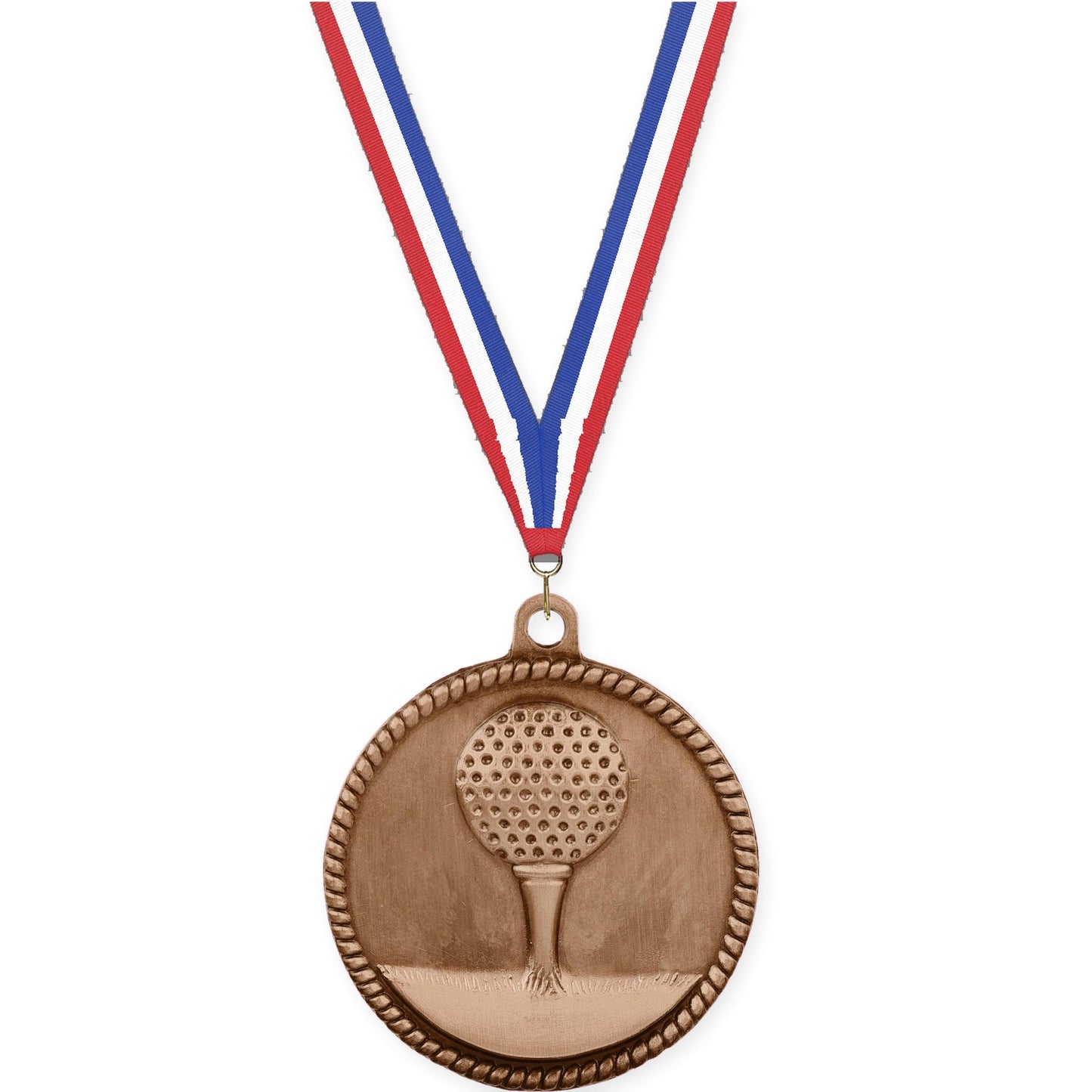 2 inch golf High Relief medal in antique bronze with Red White Blue neck ribbon