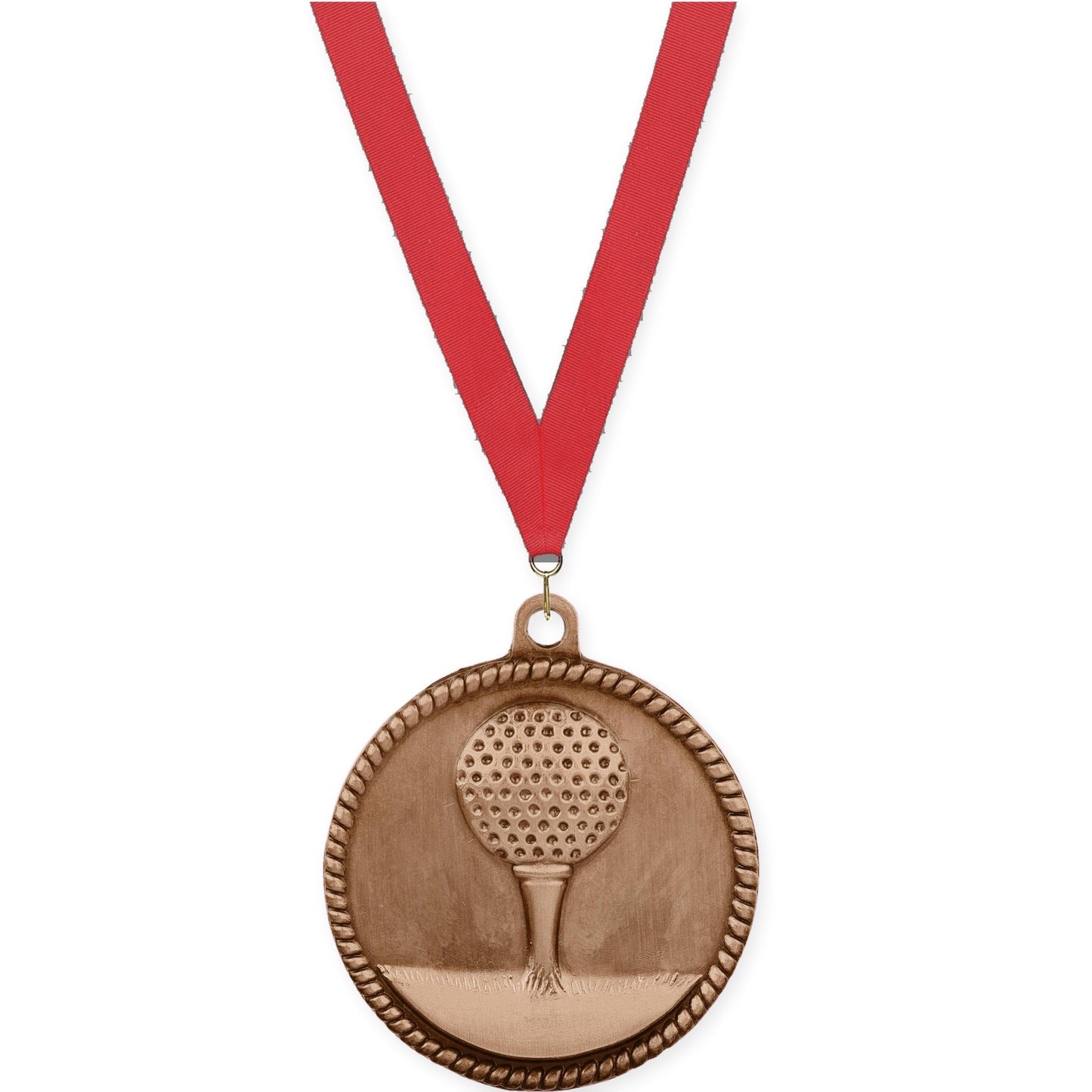 2 inch golf High Relief medal in antique bronze with Red neck ribbon