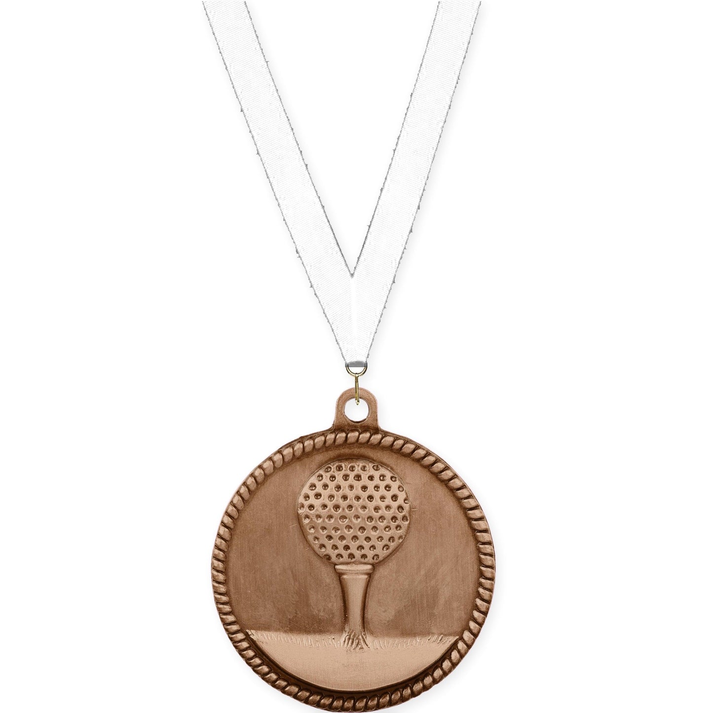 2 inch golf High Relief medal in antique bronze with White neck ribbon