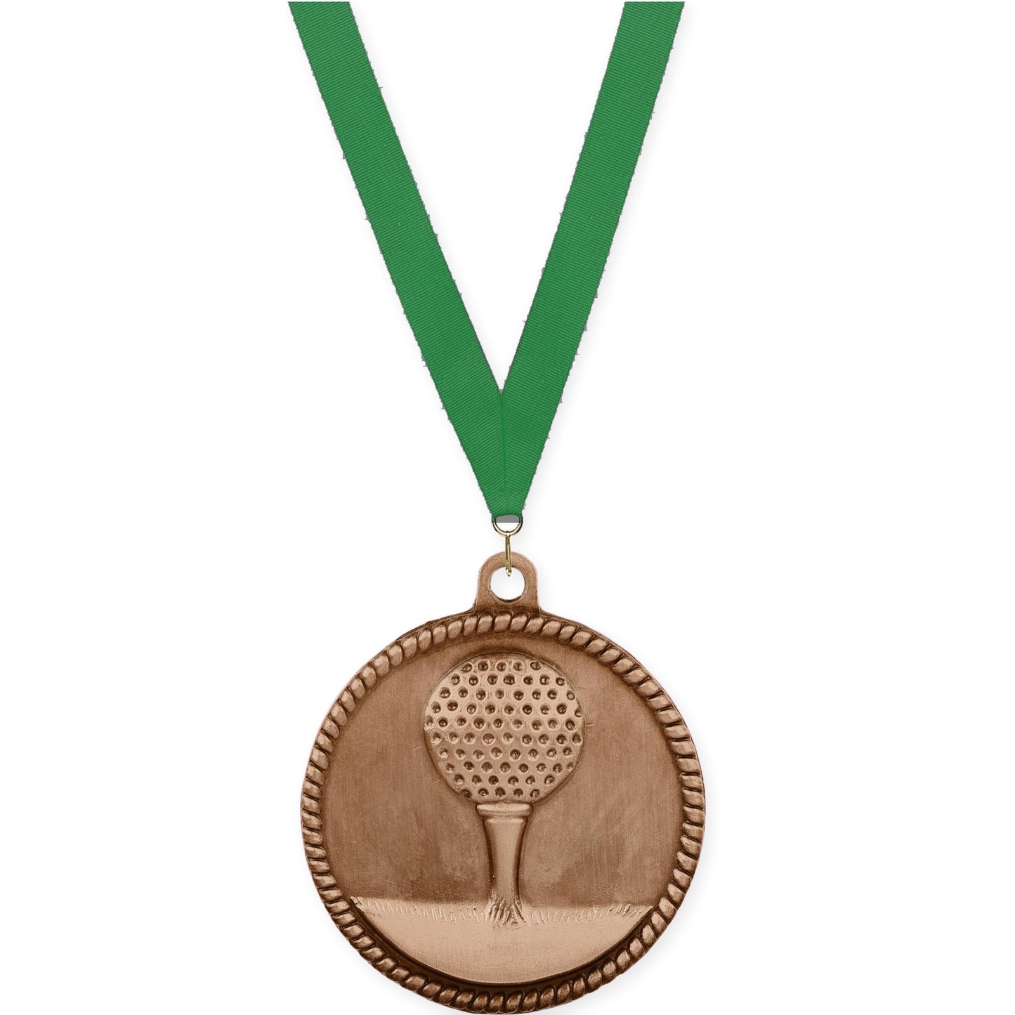 2 inch golf High Relief medal in antique bronze with Green neck ribbon