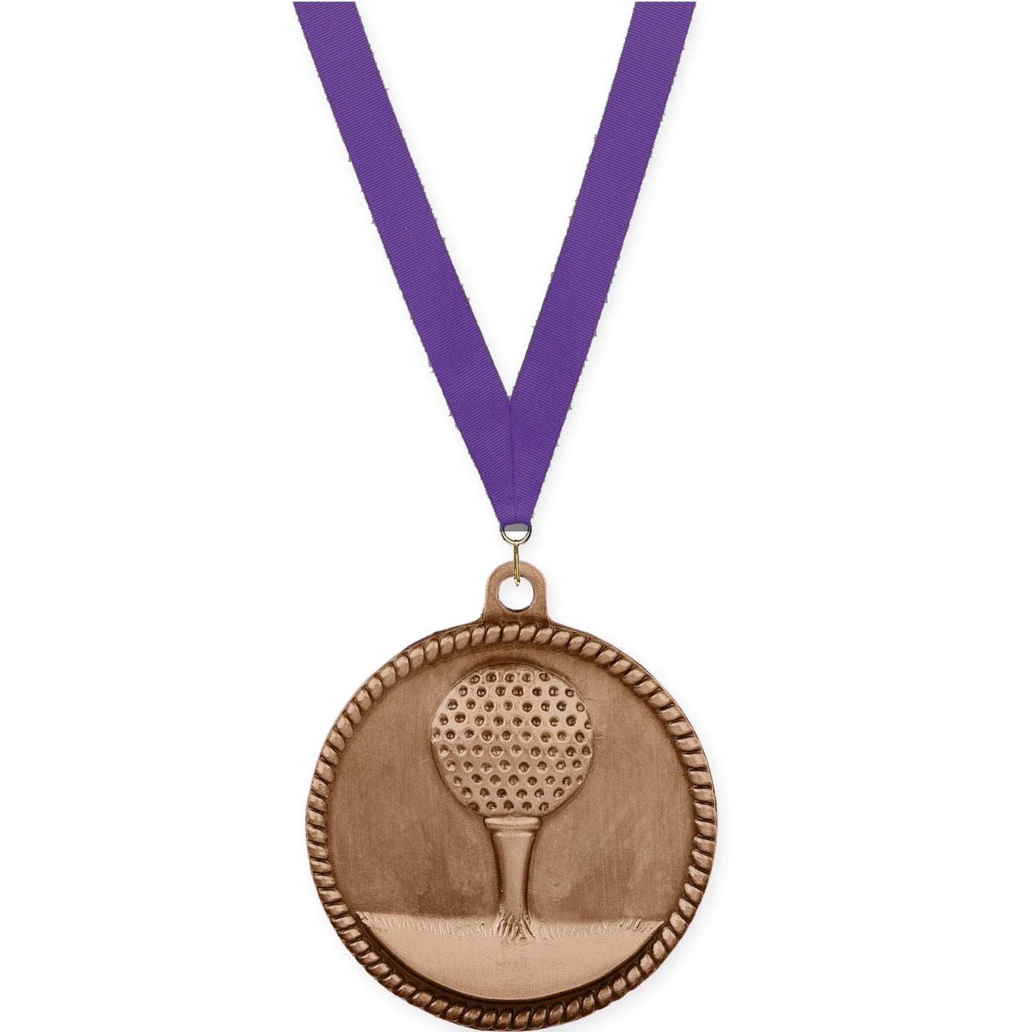 2 inch golf High Relief medal in antique bronze with Purple neck ribbon