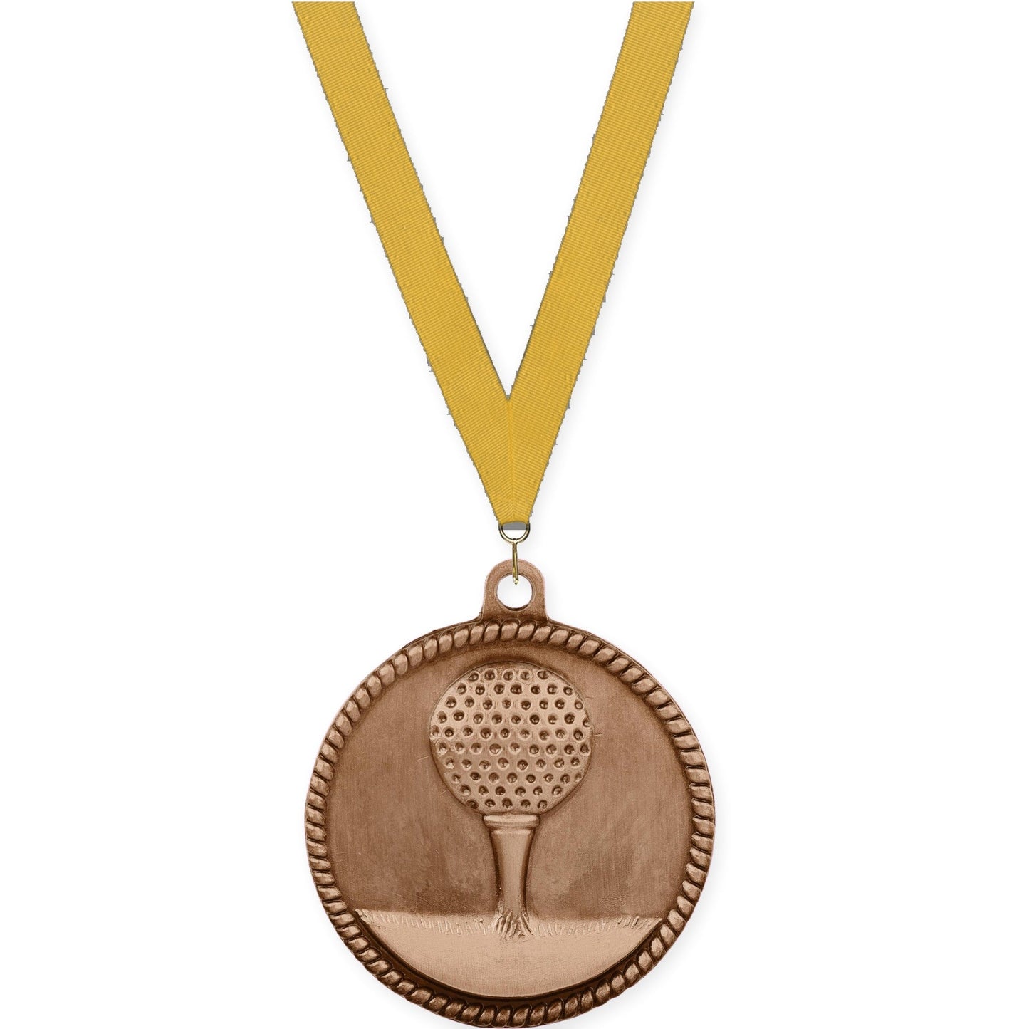 2 inch golf High Relief medal in antique bronze with Gold neck ribbon
