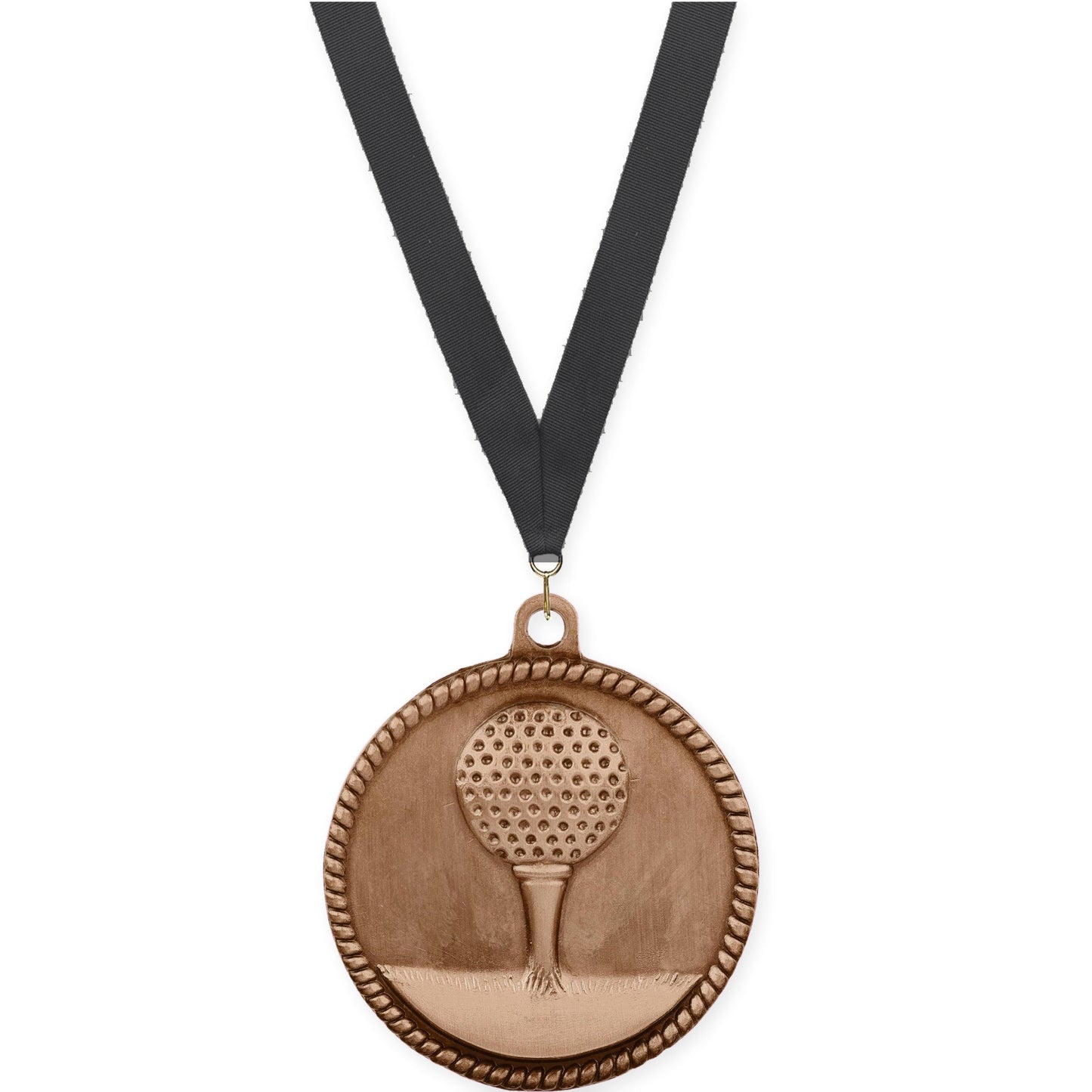 2 inch golf High Relief medal in antique bronze with Black neck ribbon