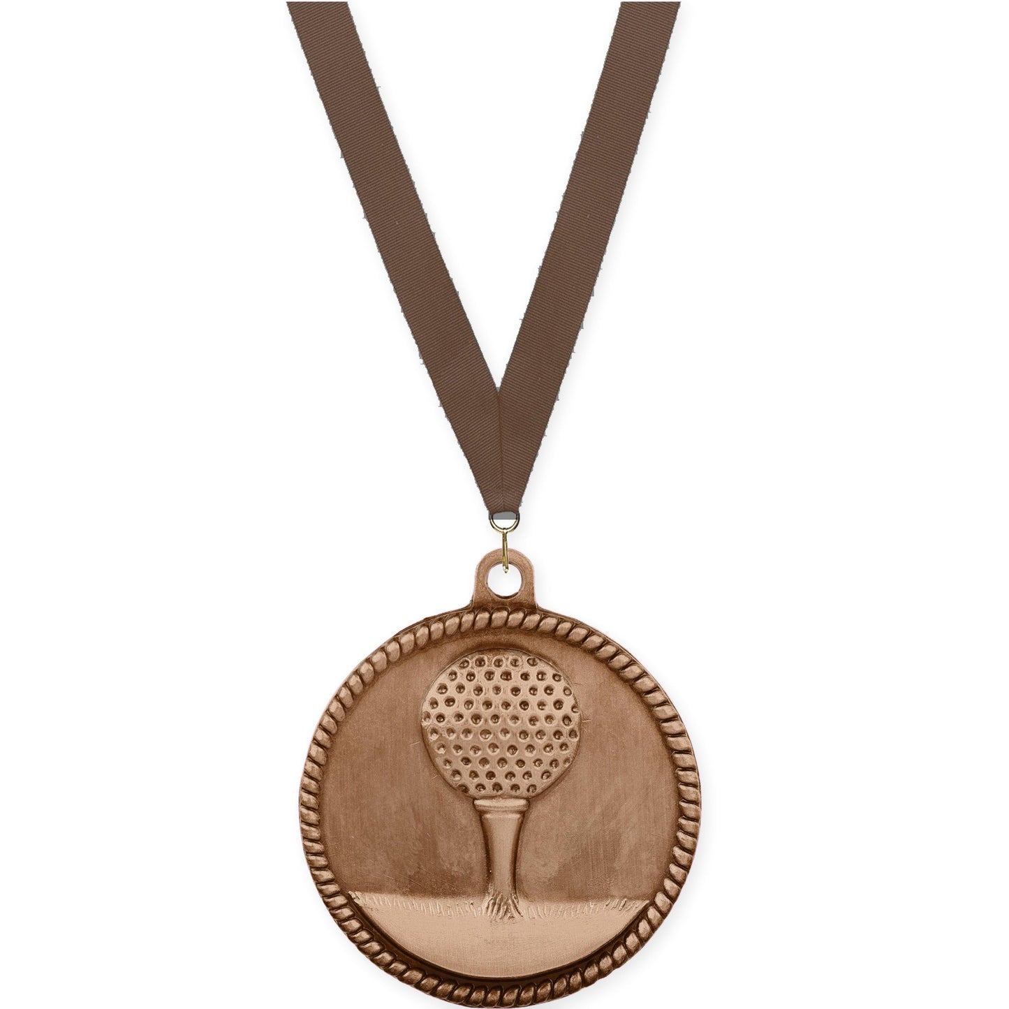2 inch golf High Relief medal in antique bronze with Brown neck ribbon