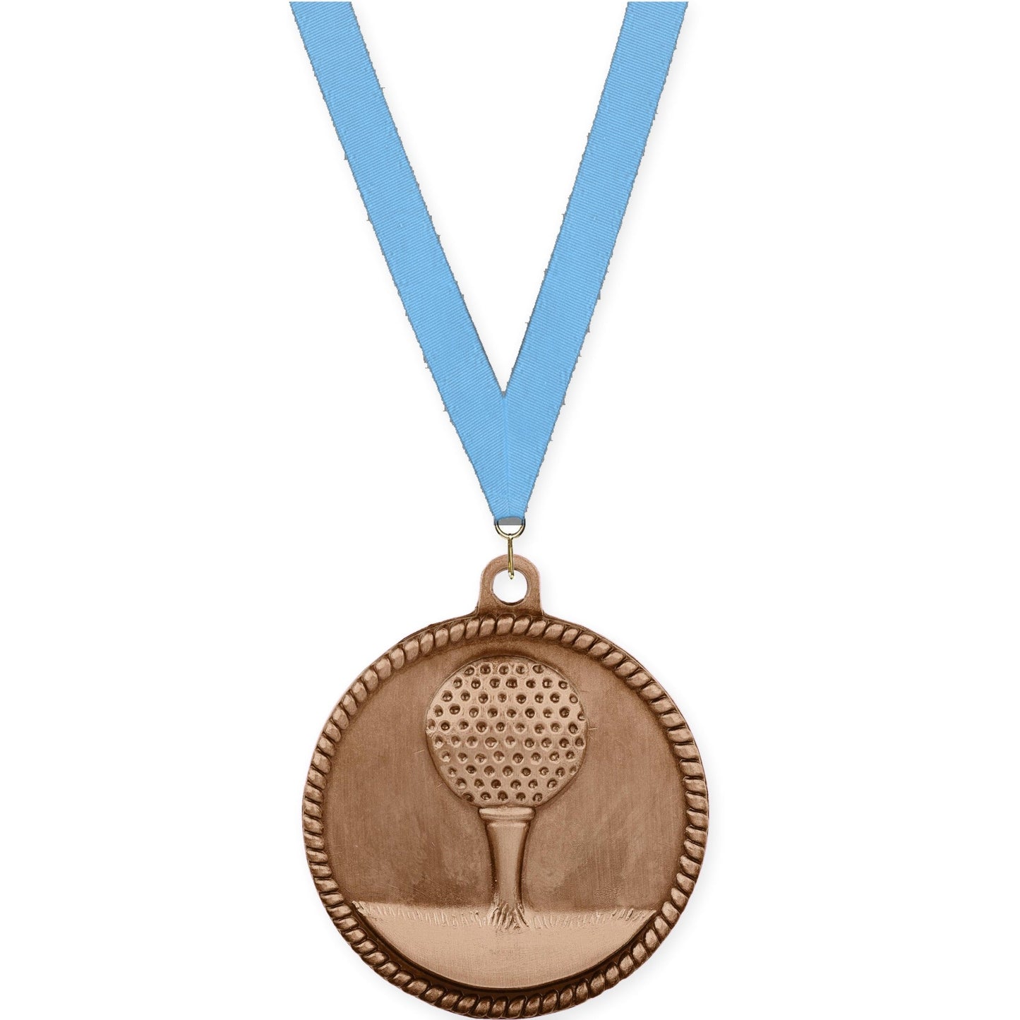 2 inch golf High Relief medal in antique bronze with Light Blue neck ribbon