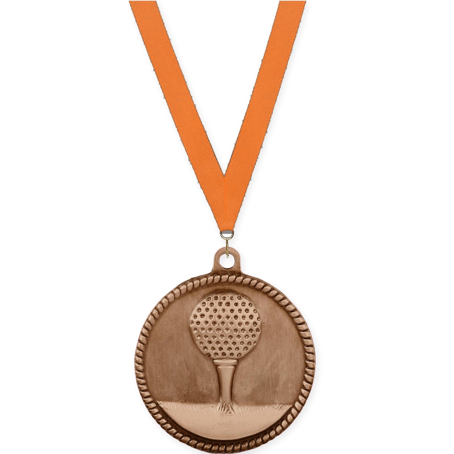 2 inch golf High Relief medal in antique bronze with Orange neck ribbon