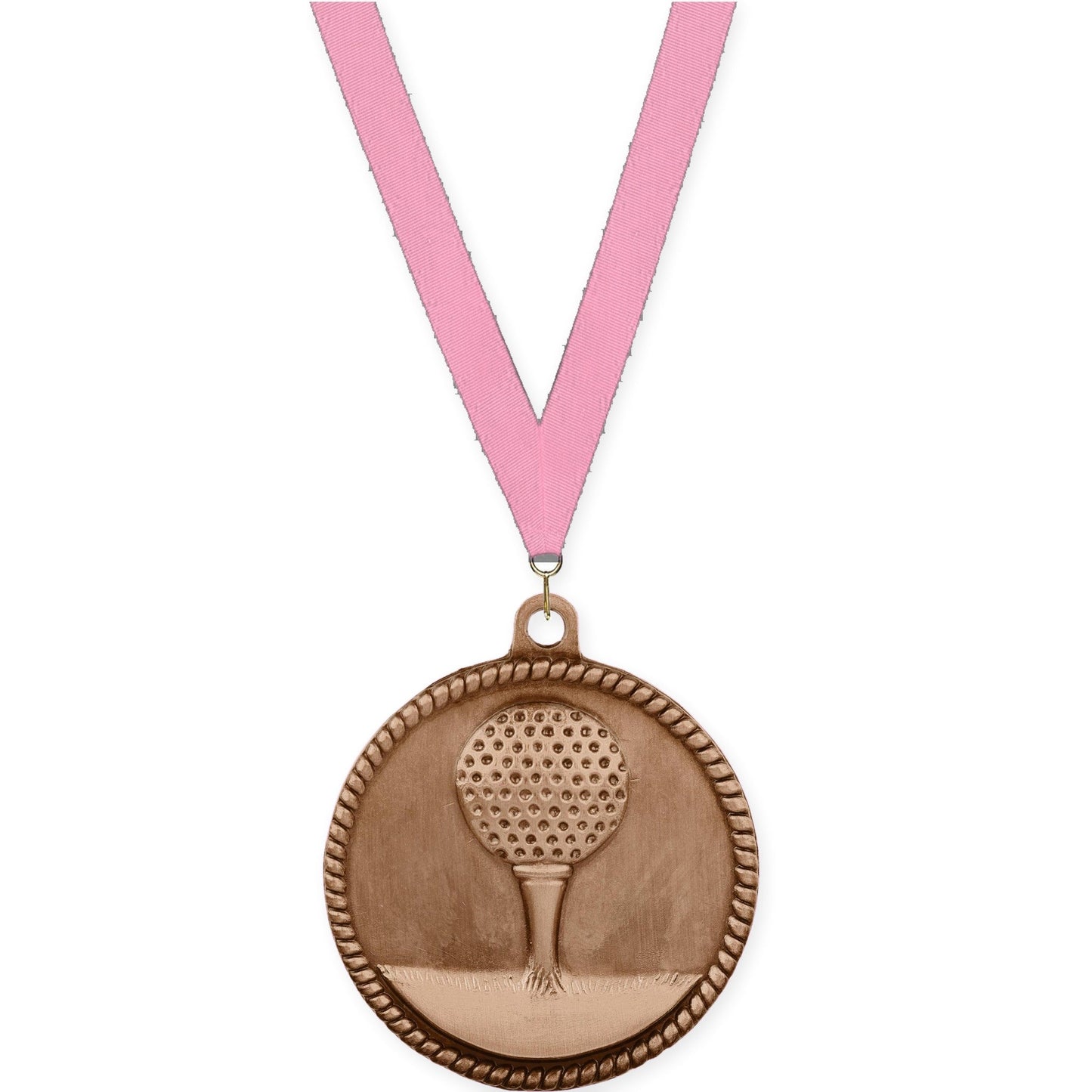 2 inch golf High Relief medal in antique bronze with Pink neck ribbon