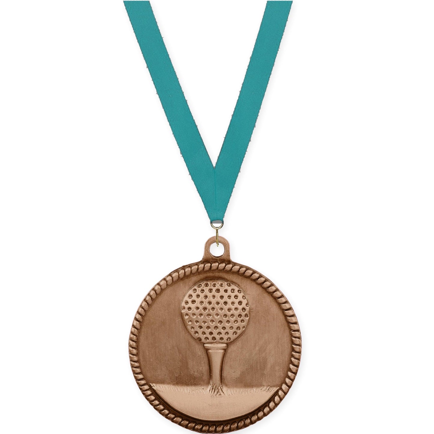 2 inch golf High Relief medal in antique bronze with Teal neck ribbon