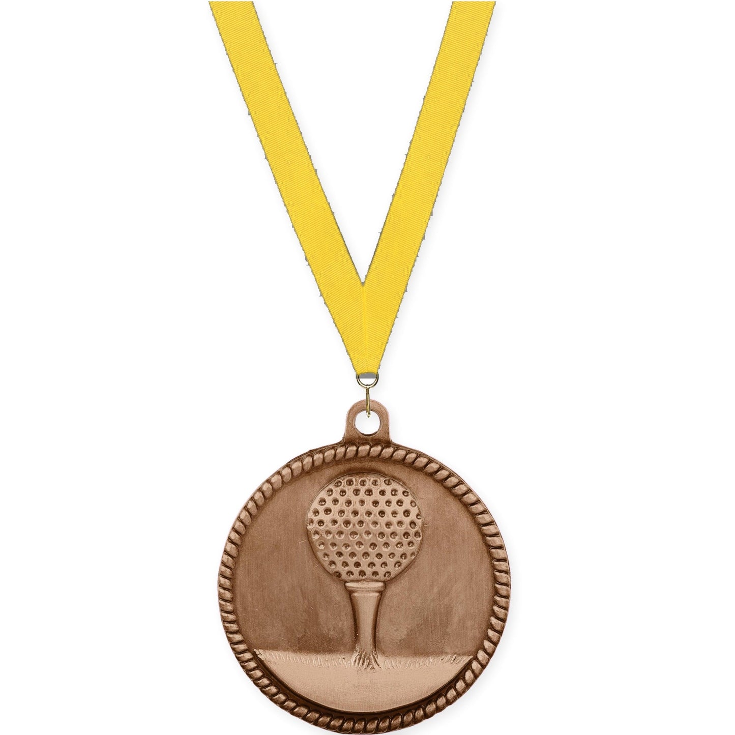 2 inch golf High Relief medal in antique bronze with Yellow neck ribbon