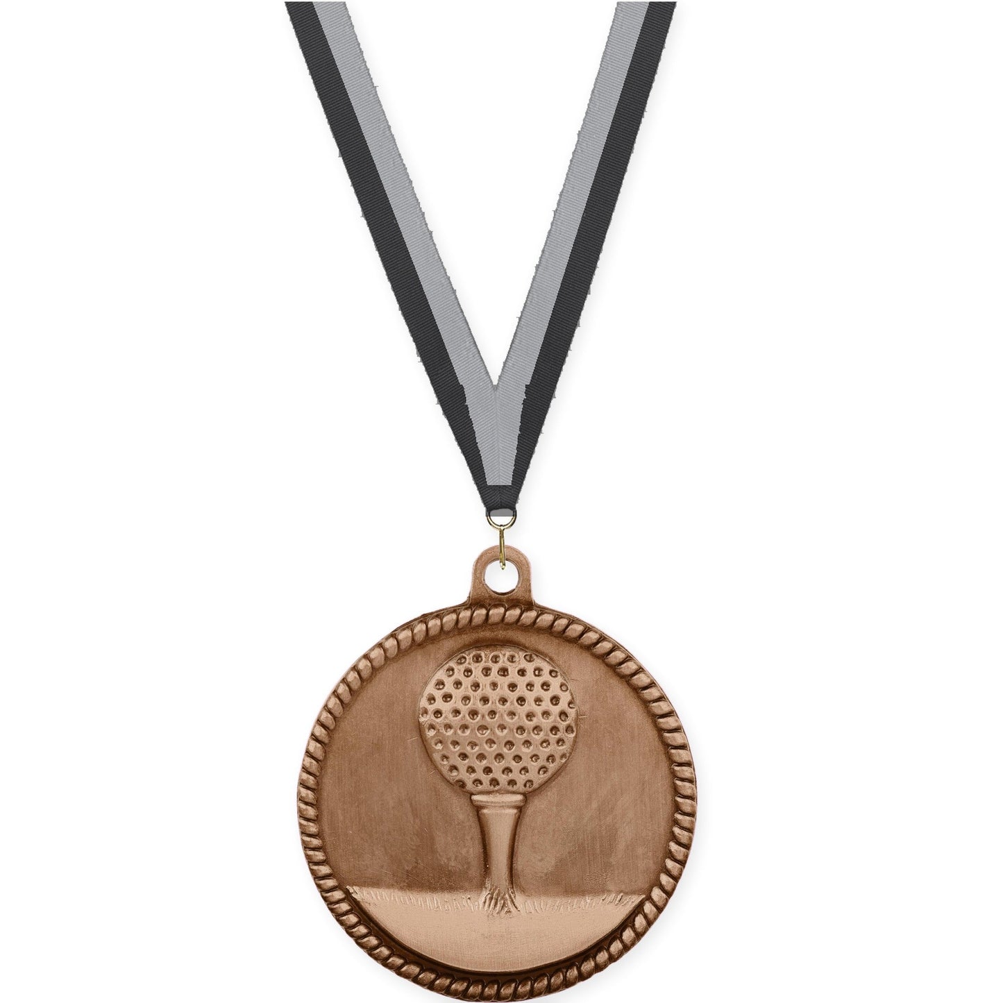 2 inch golf High Relief medal in antique bronze with Black Gray neck ribbon