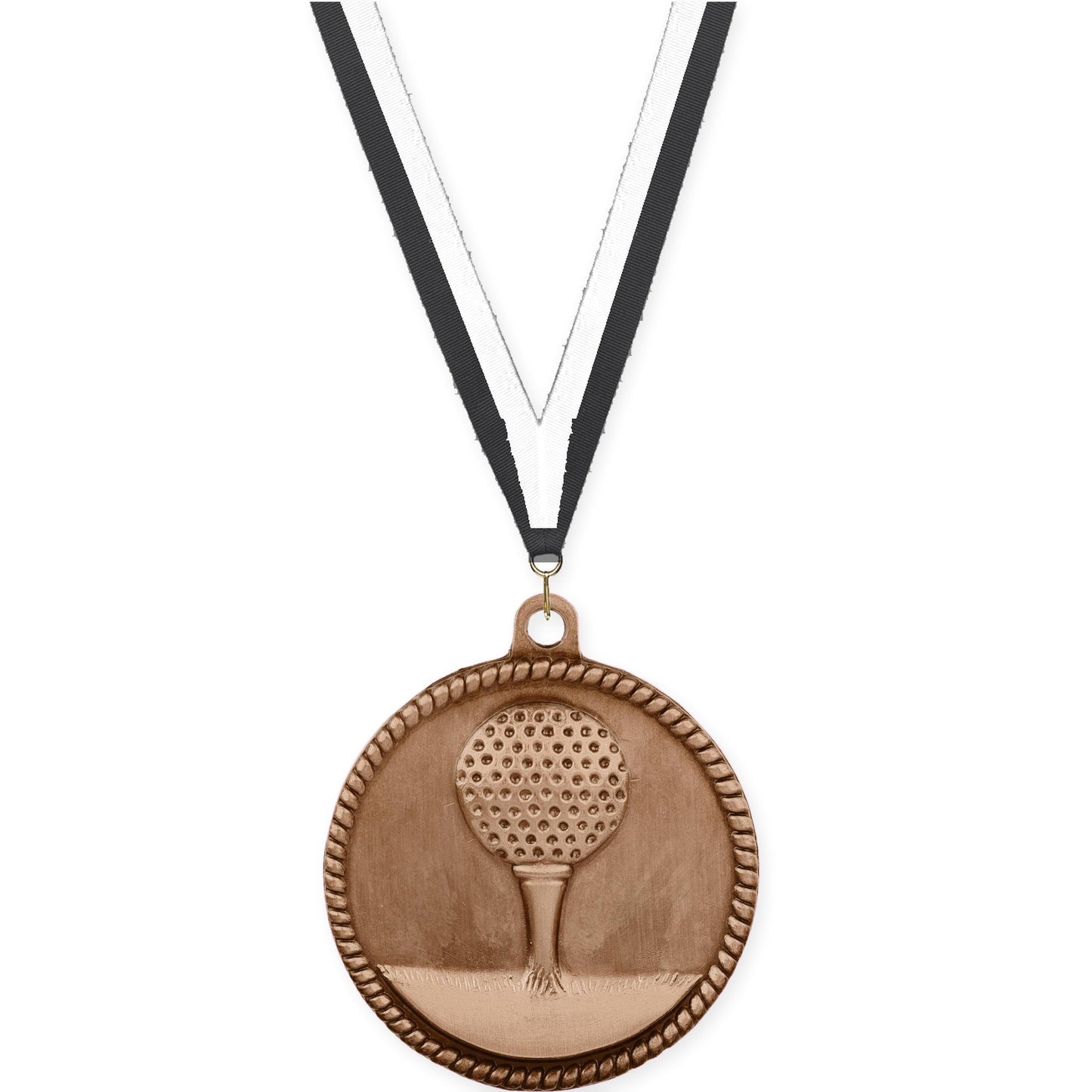 2 inch golf High Relief medal in antique bronze with Black White neck ribbon