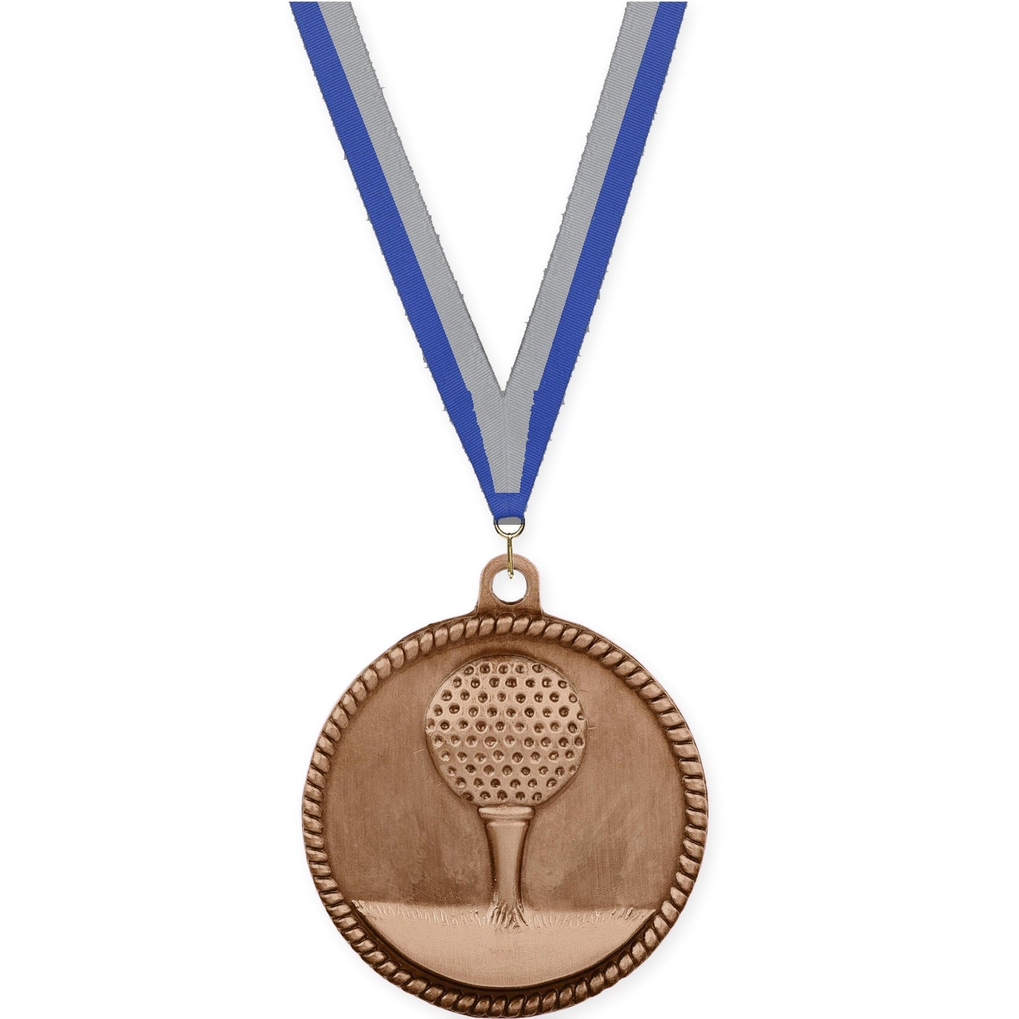 2 inch golf High Relief medal in antique bronze with Blue Gray neck ribbon
