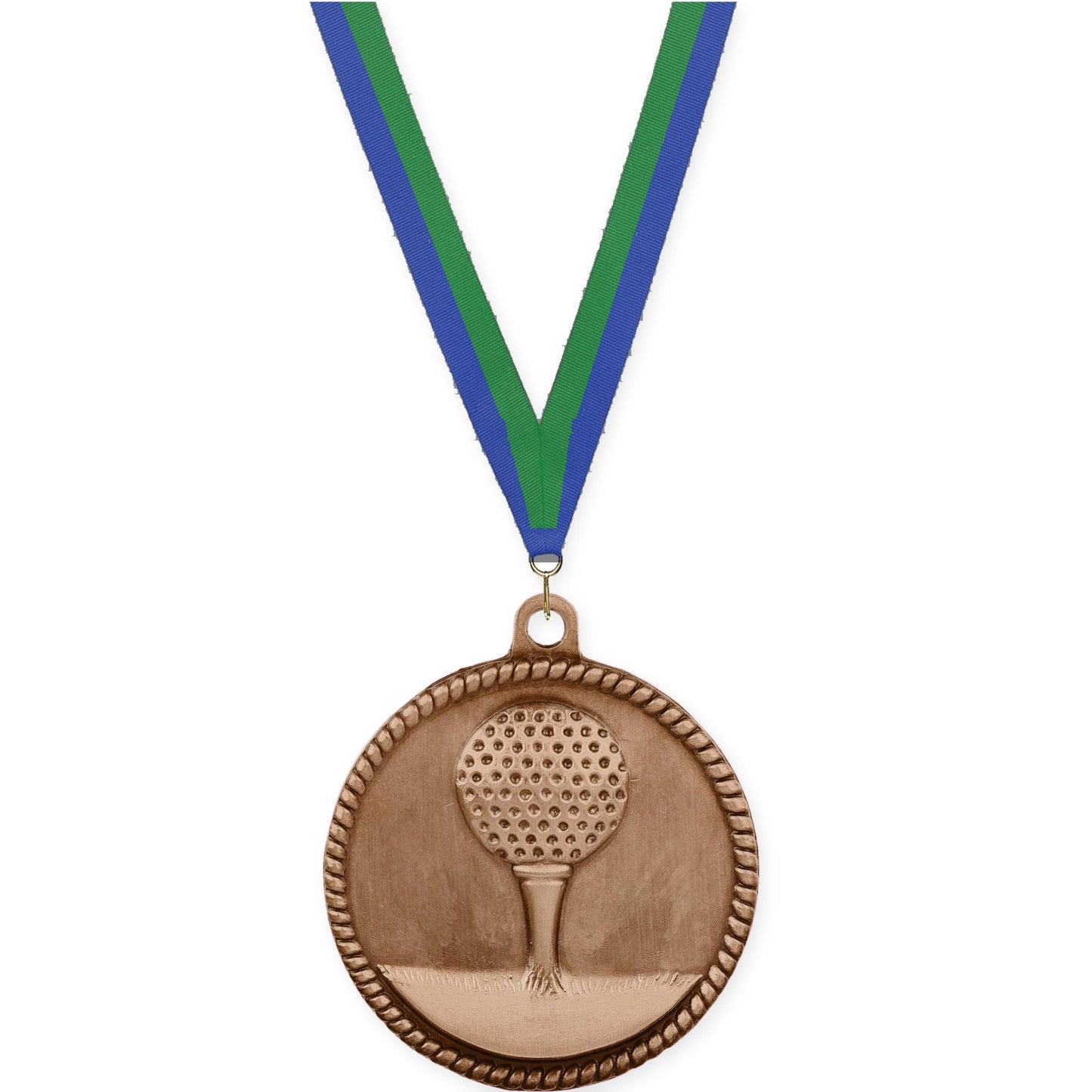 2 inch golf High Relief medal in antique bronze with Blue Green neck ribbon