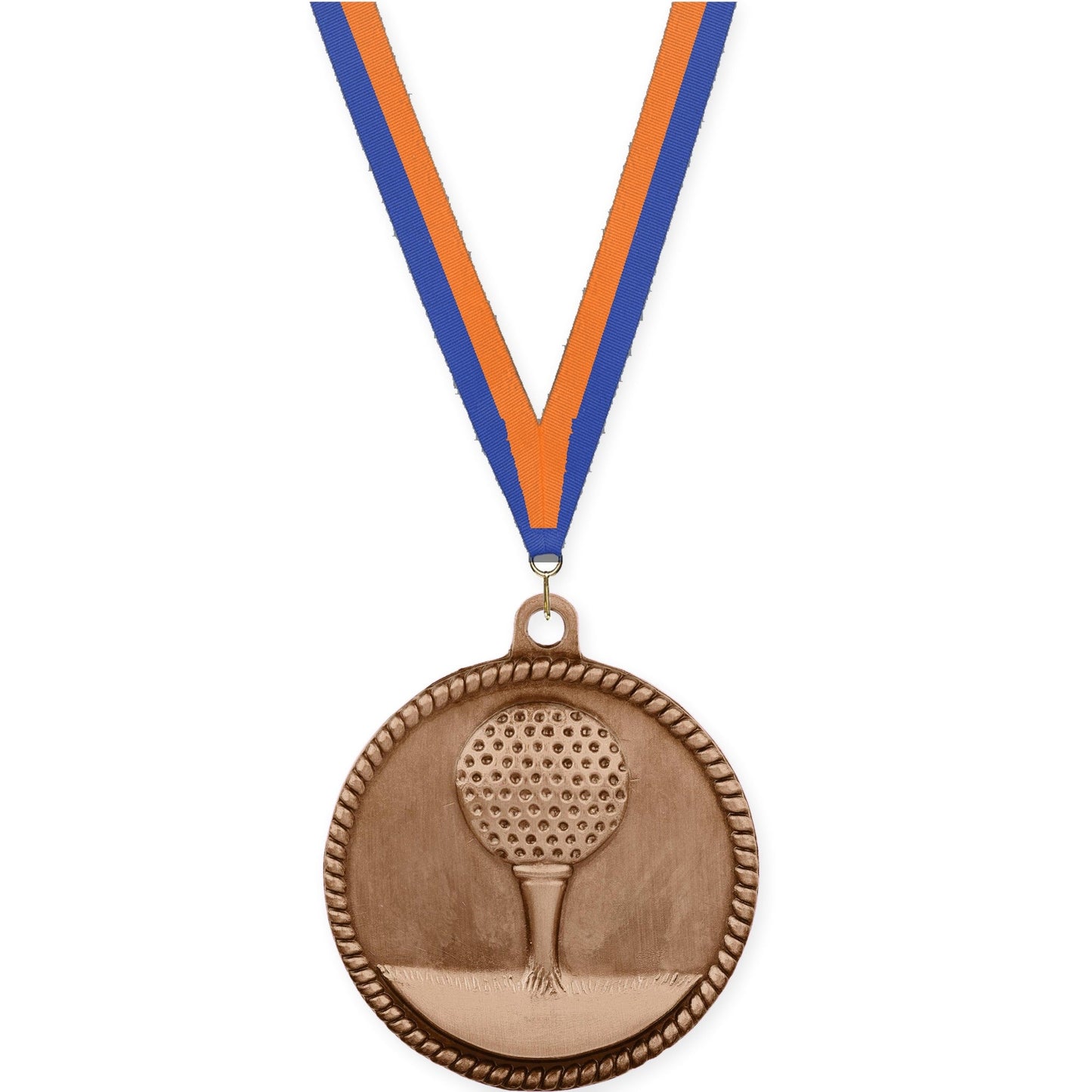 2 inch golf High Relief medal in antique bronze with Blue Orange neck ribbon
