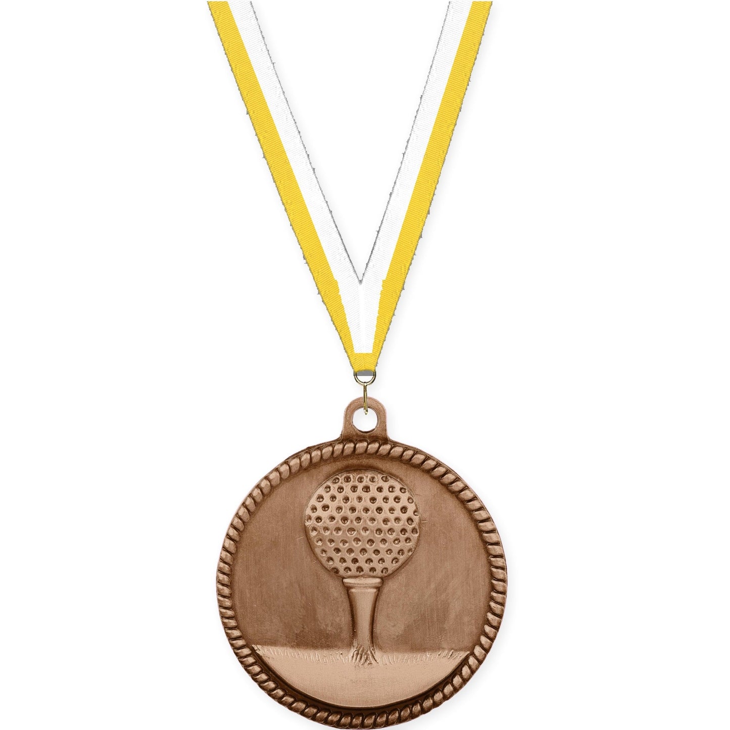2 inch golf High Relief medal in antique bronze with Yellow White neck ribbon