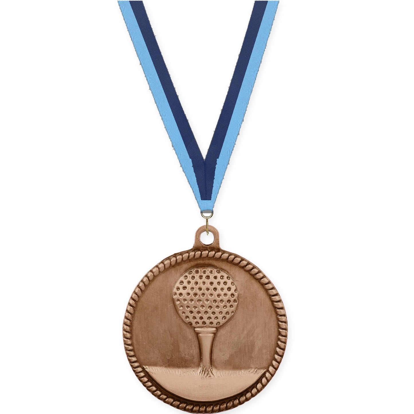 2 inch golf High Relief medal in antique bronze with Light Blue Navy neck ribbon
