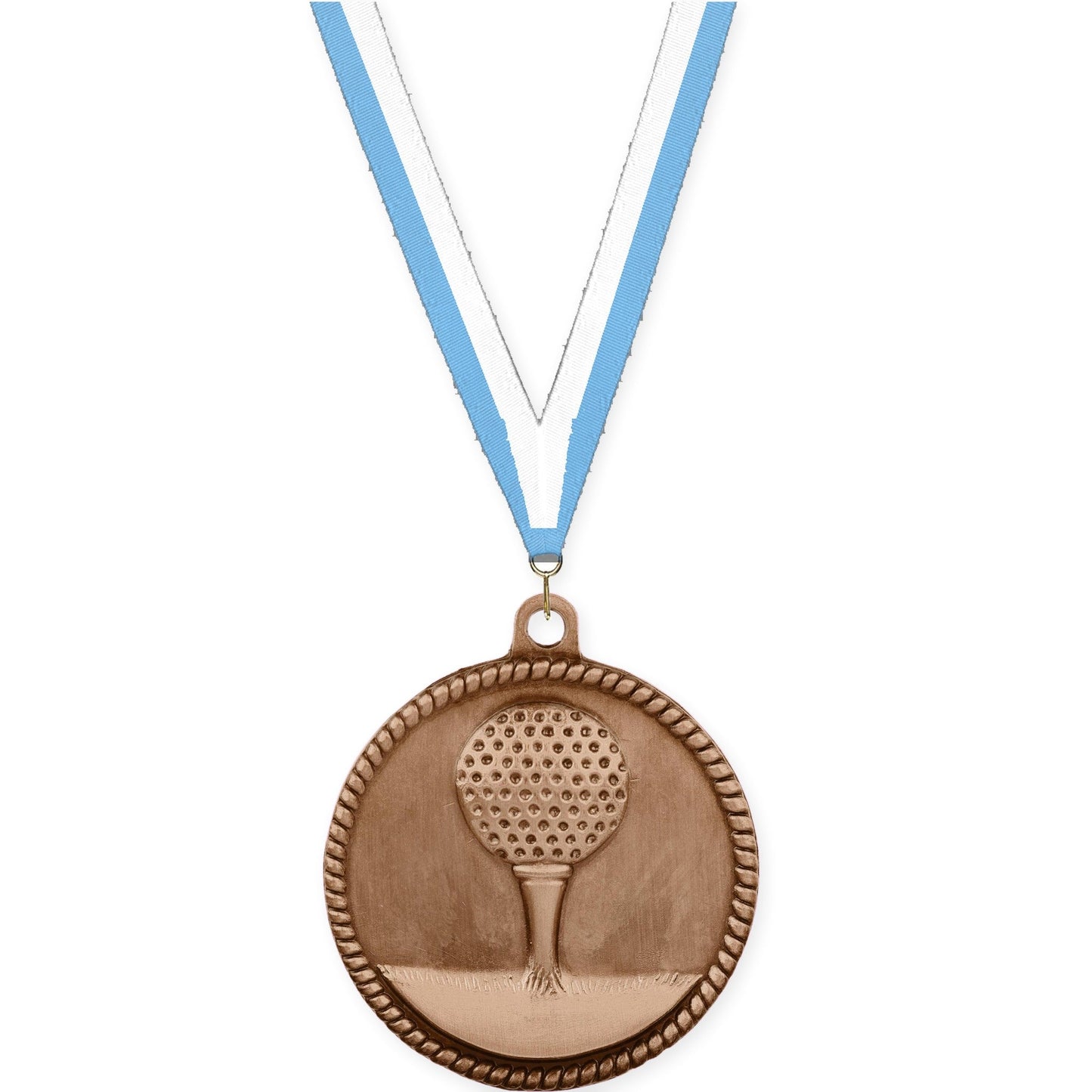 2 inch golf High Relief medal in antique bronze with Light Blue White neck ribbon