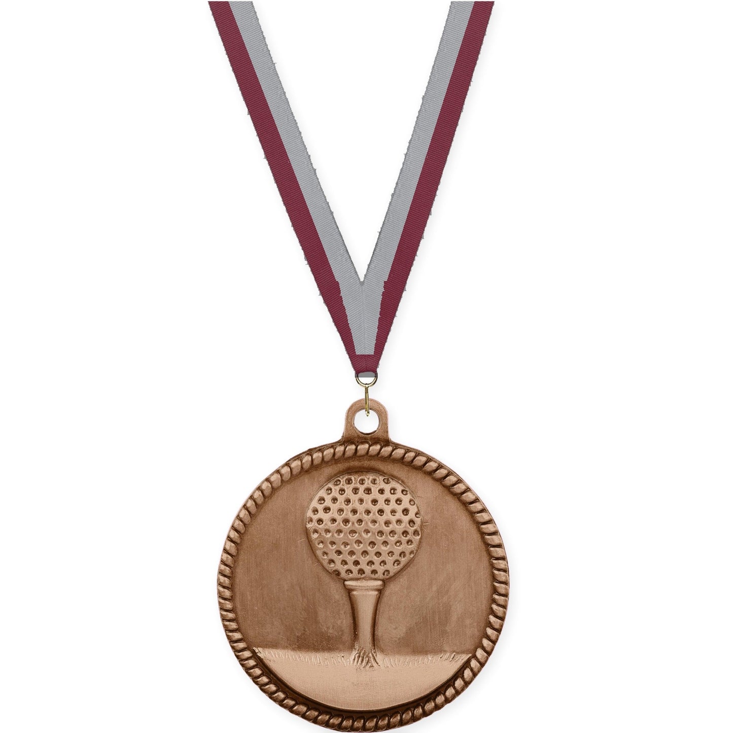 2 inch golf High Relief medal in antique bronze with Maroon Gray neck ribbon