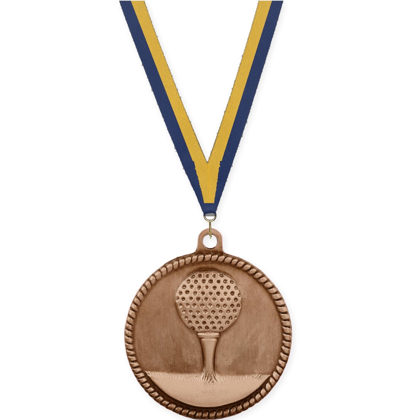 2 inch golf High Relief medal in antique bronze with Navy Gold neck ribbon