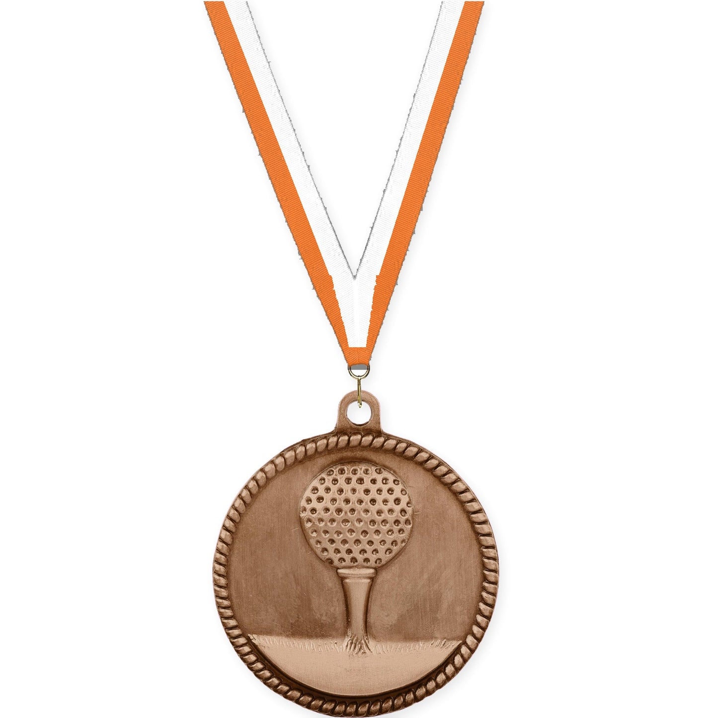 2 inch golf High Relief medal in antique bronze with Orange White neck ribbon