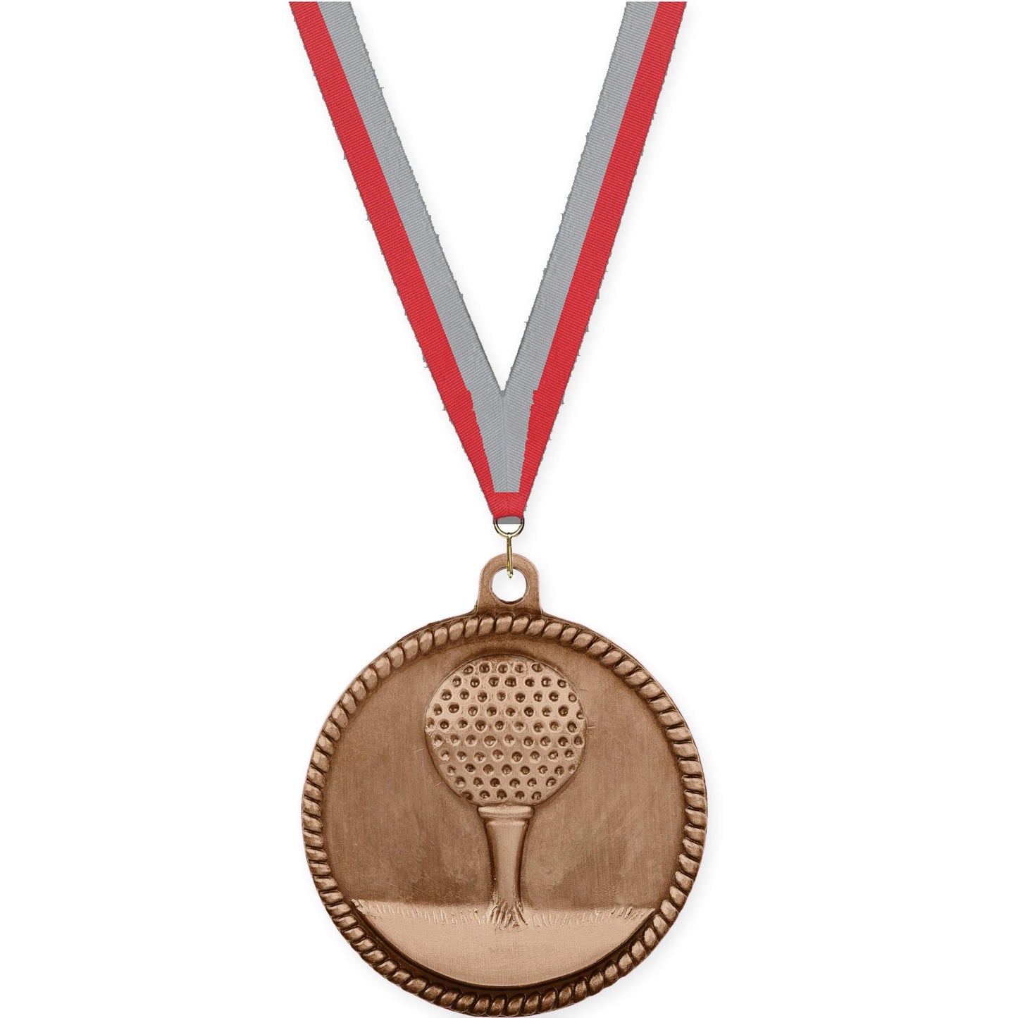 2 inch golf High Relief medal in antique bronze with Red Gray neck ribbon