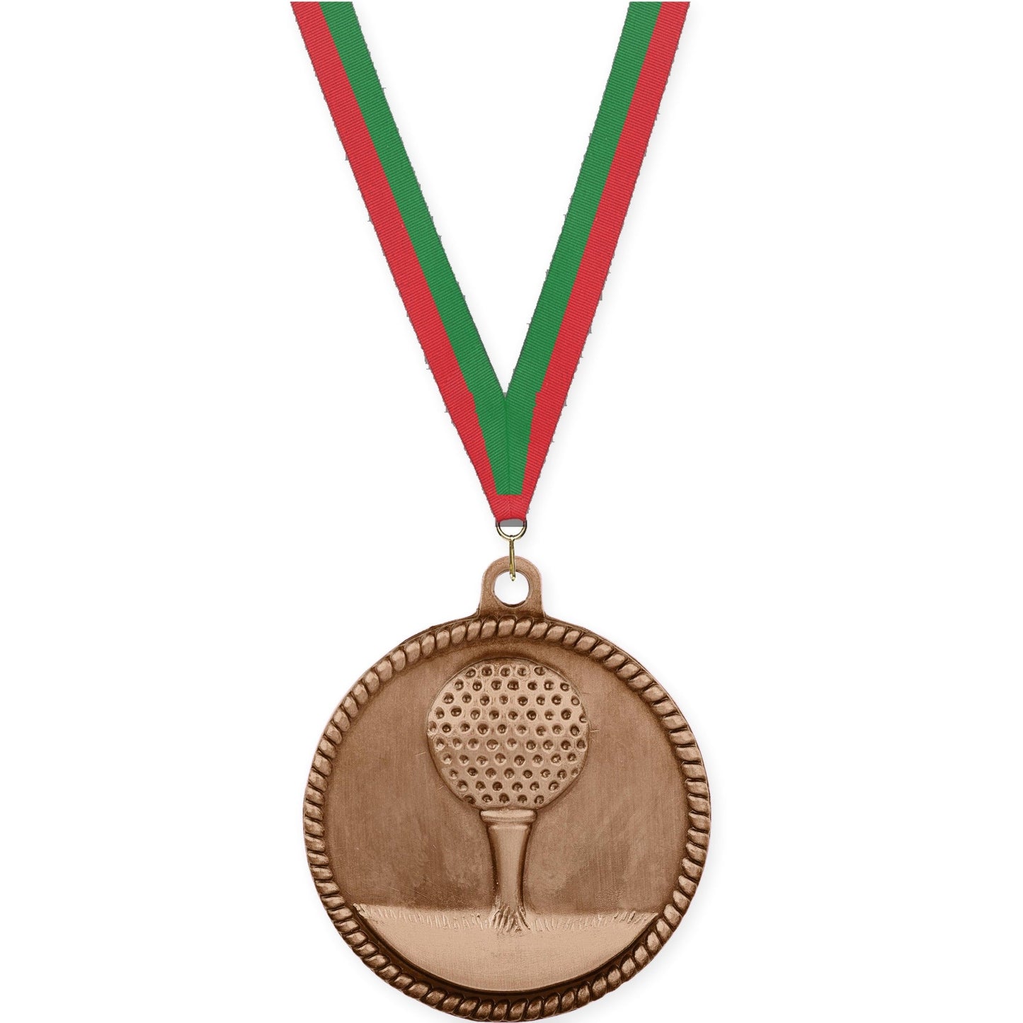 2 inch golf High Relief medal in antique bronze with Red Green neck ribbon