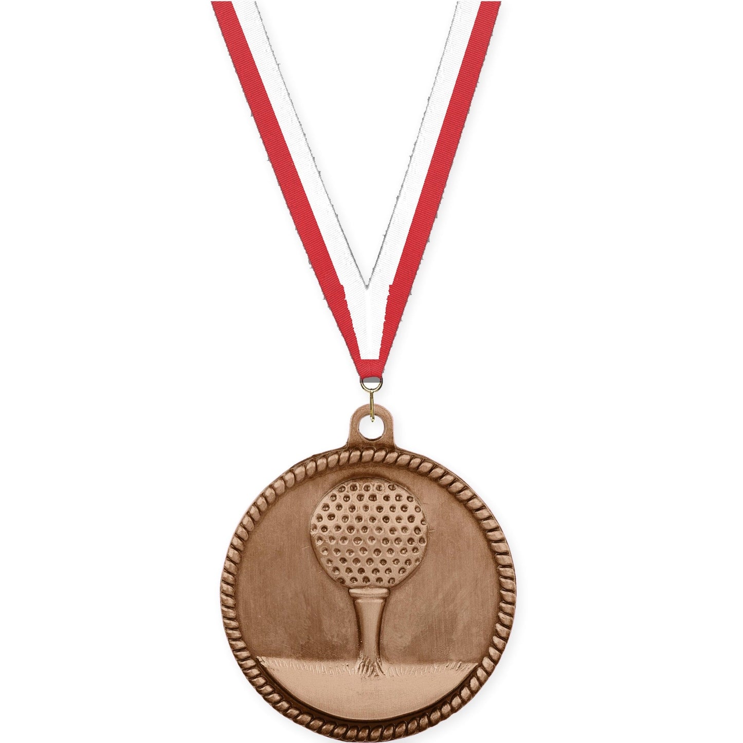 2 inch golf High Relief medal in antique bronze with Red White neck ribbon