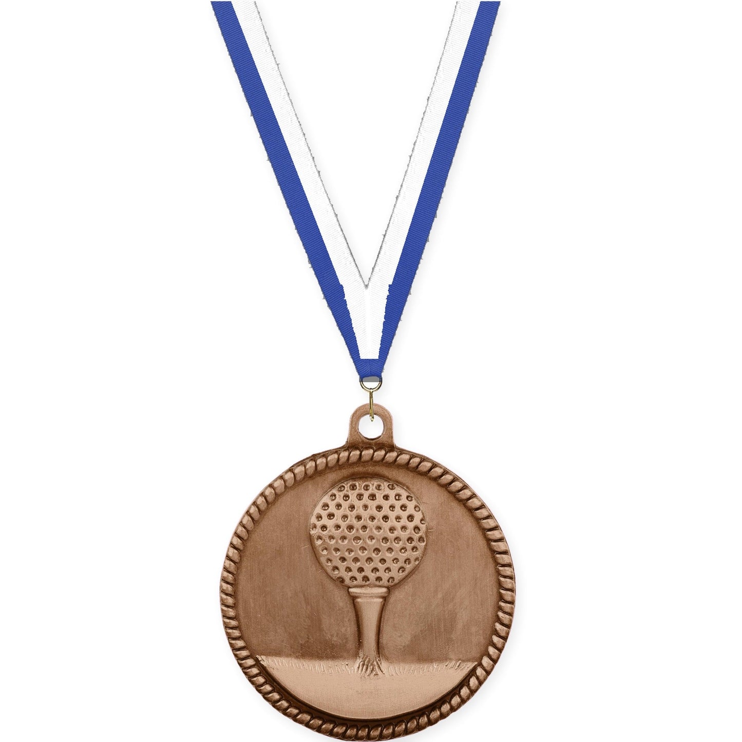 2 inch golf High Relief medal in antique bronze with Blue White neck ribbon