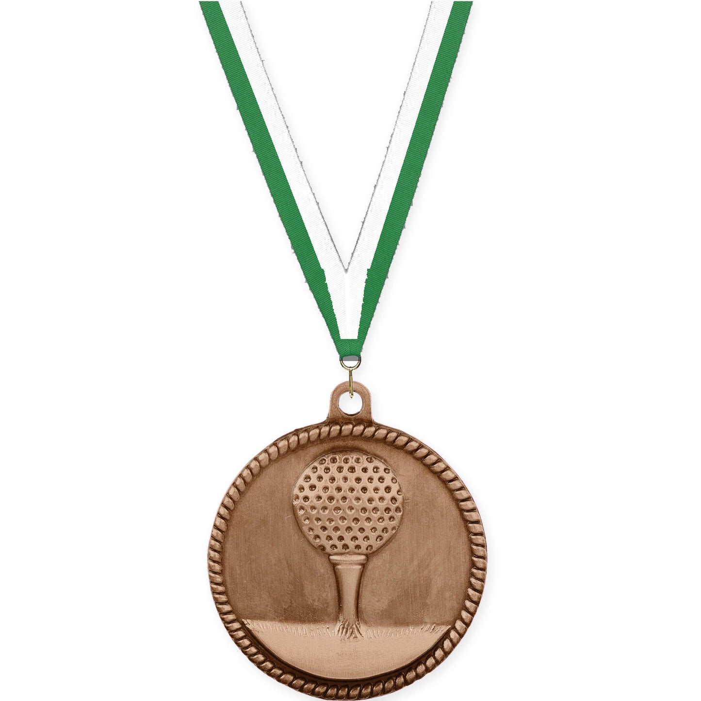 2 inch golf High Relief medal in antique bronze with Green White neck ribbon