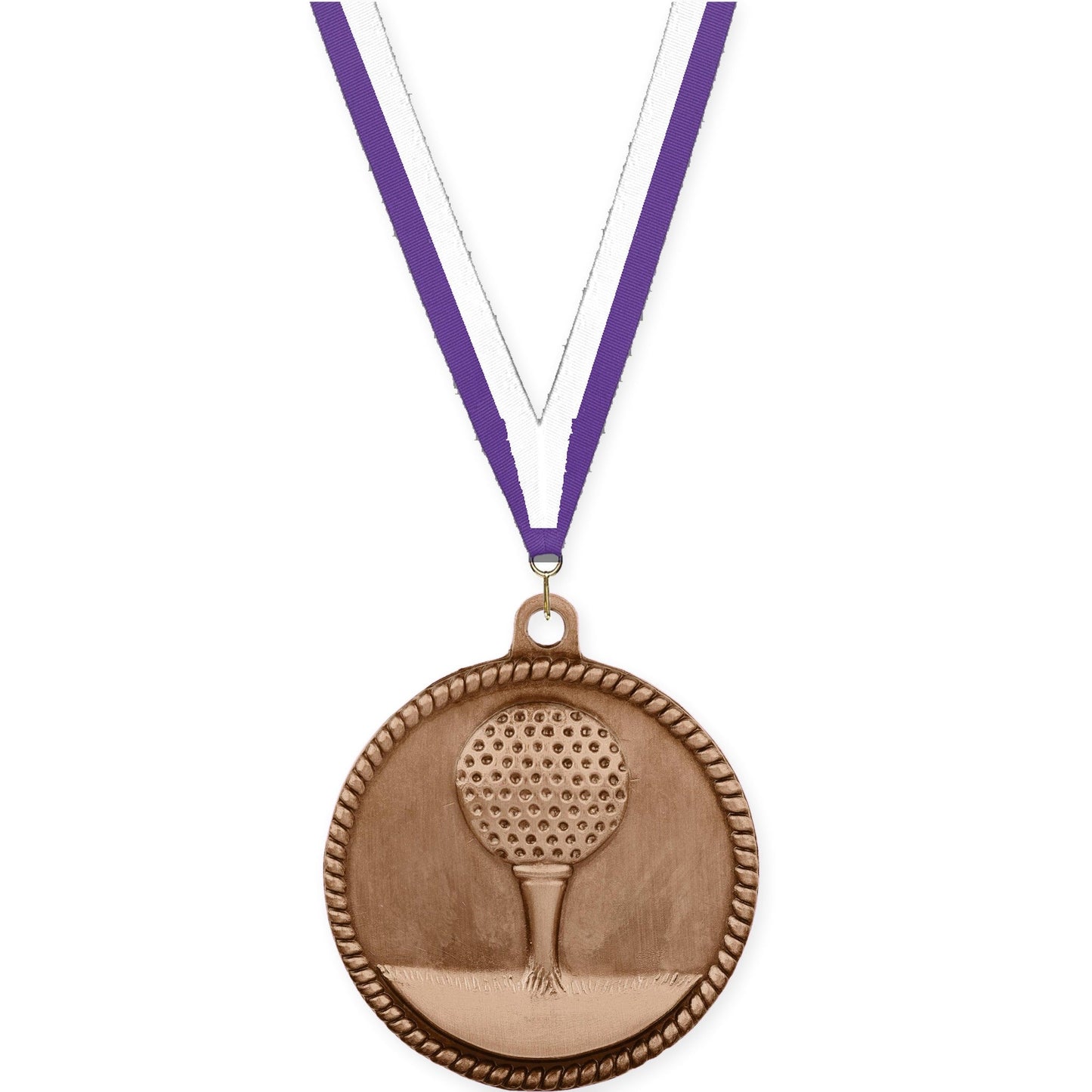 2 inch golf High Relief medal in antique bronze with Purple White neck ribbon