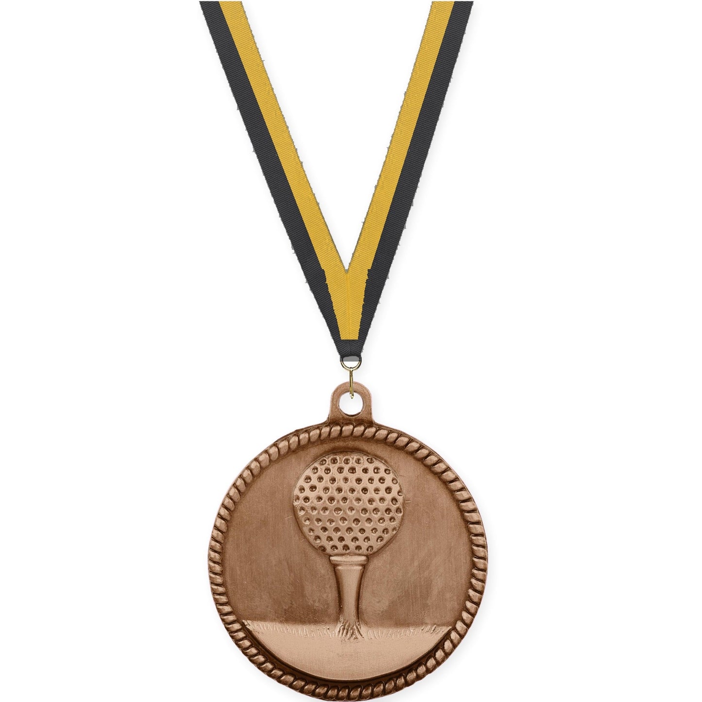 2 inch golf High Relief medal in antique bronze with Black Gold neck ribbon