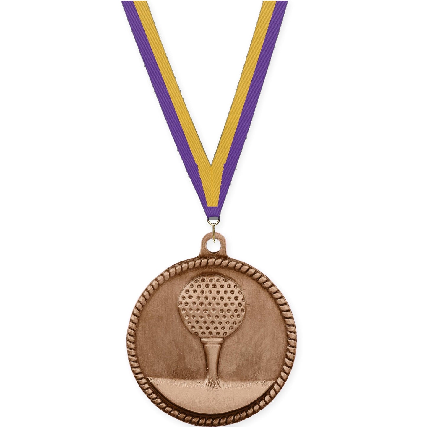 2 inch golf High Relief medal in antique bronze with Purple Gold neck ribbon