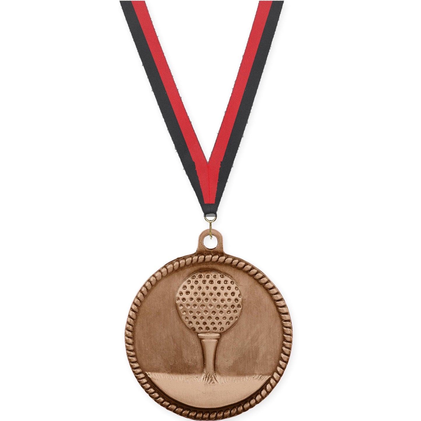 2 inch golf High Relief medal in antique bronze with Black Red neck ribbon