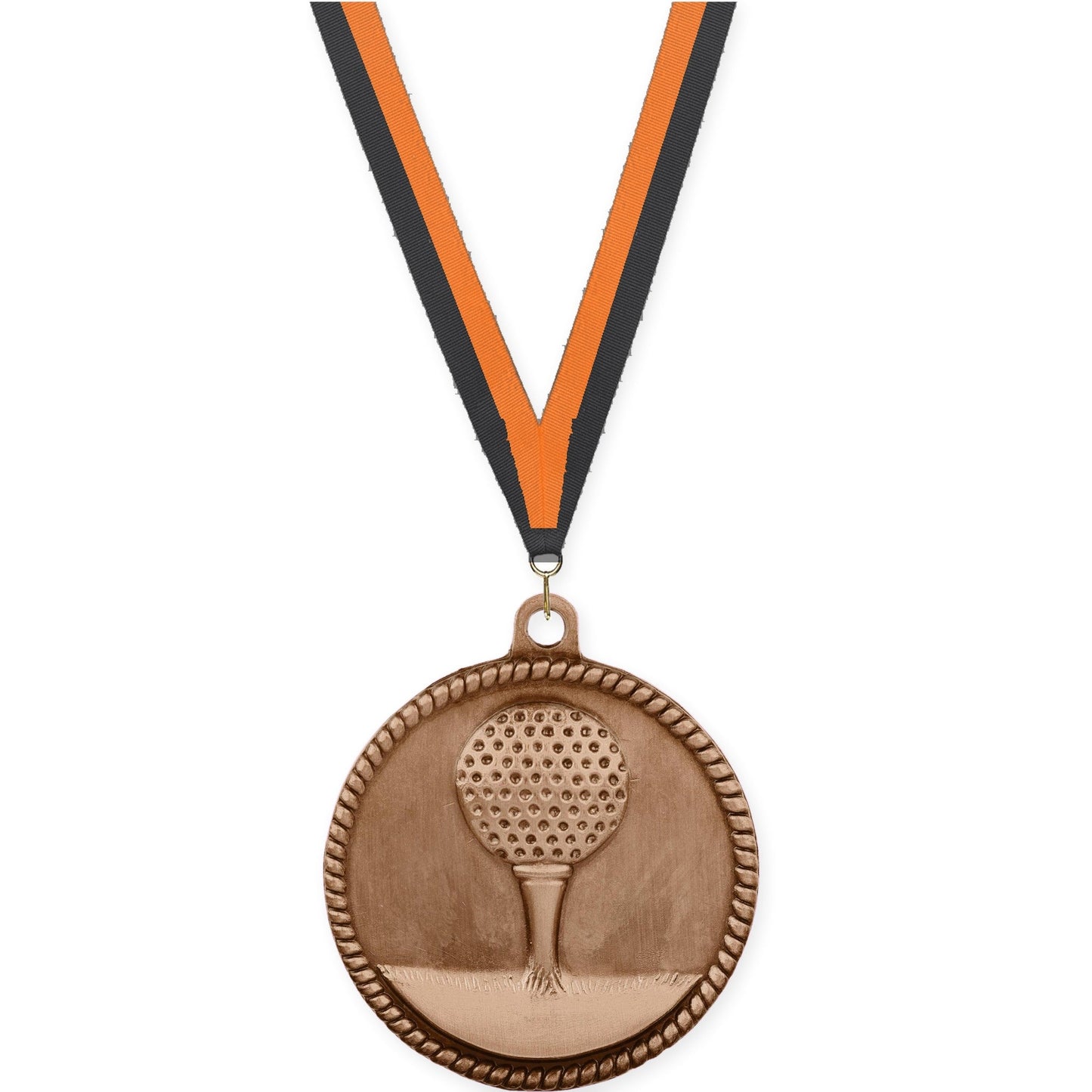 2 inch golf High Relief medal in antique bronze with Black Orange neck ribbon