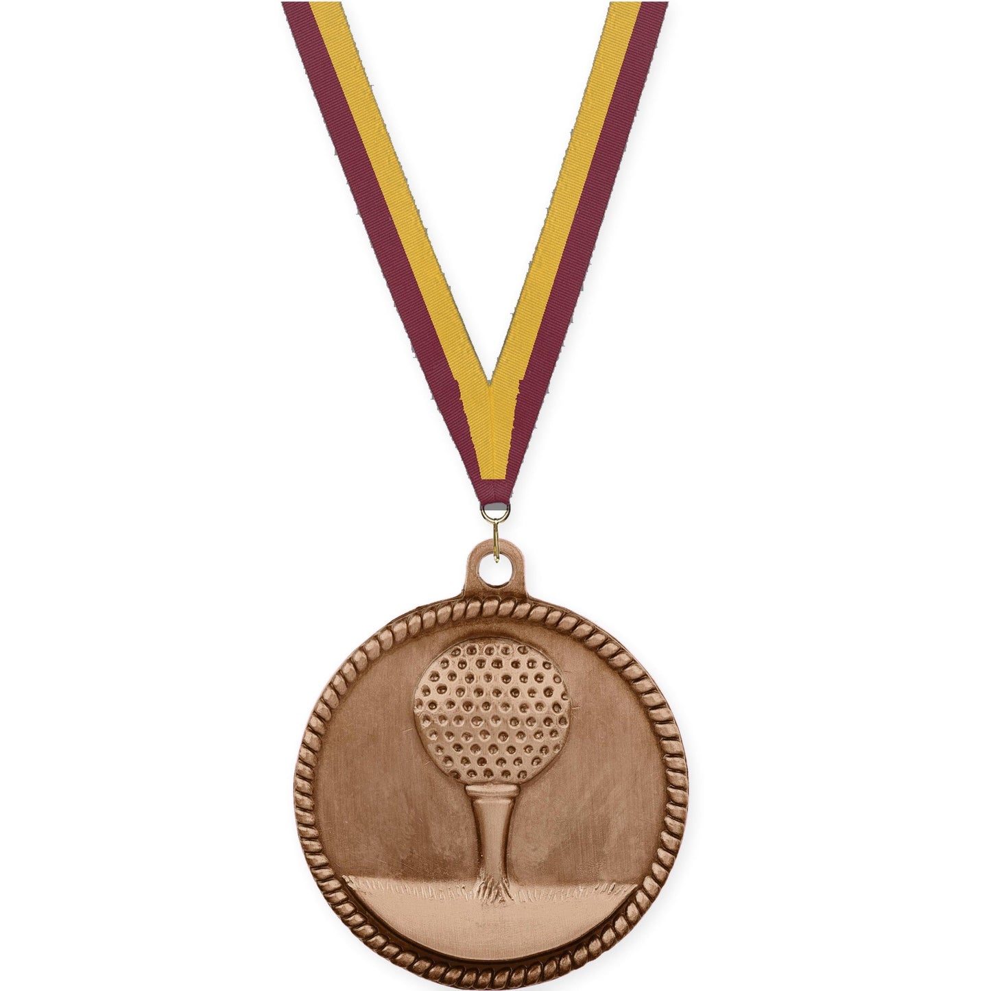 2 inch golf High Relief medal in antique bronze with Maroon Gold neck ribbon
