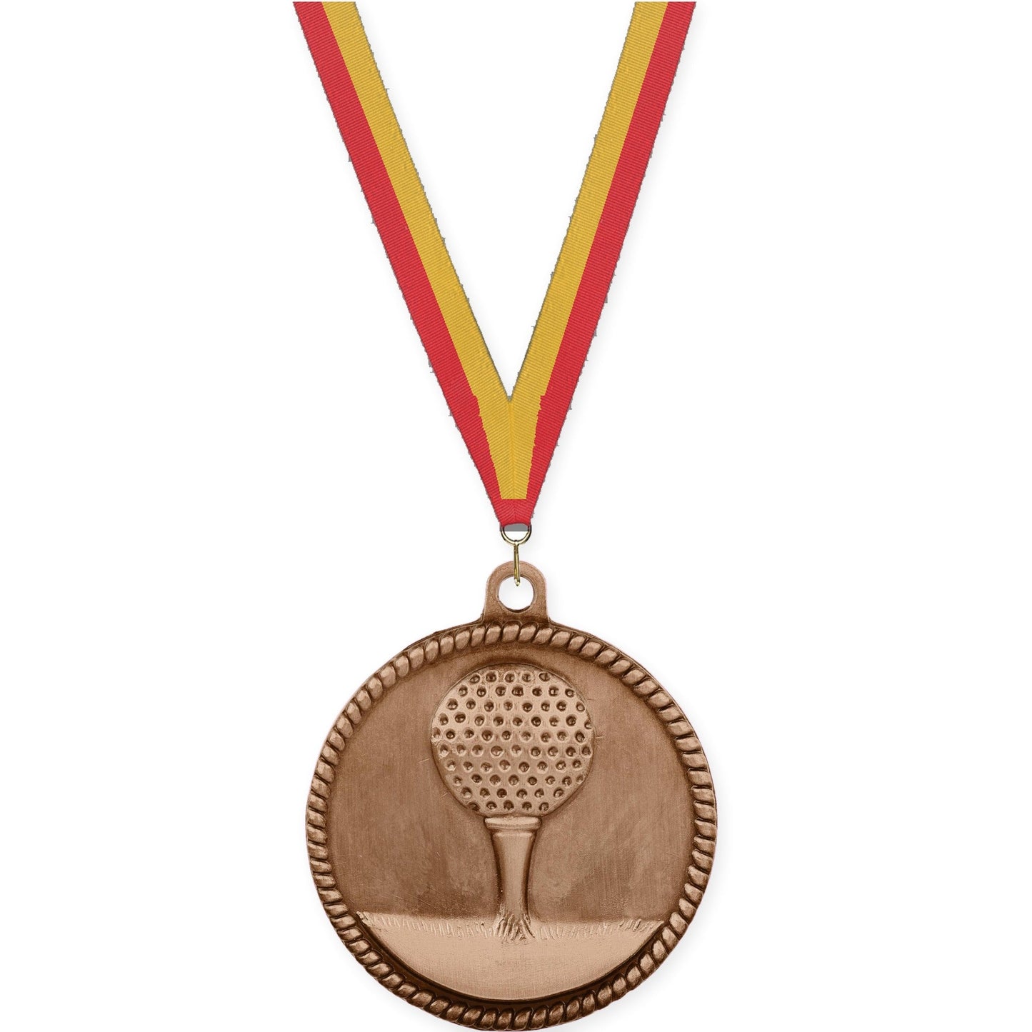 2 inch golf High Relief medal in antique bronze with Red Gold neck ribbon