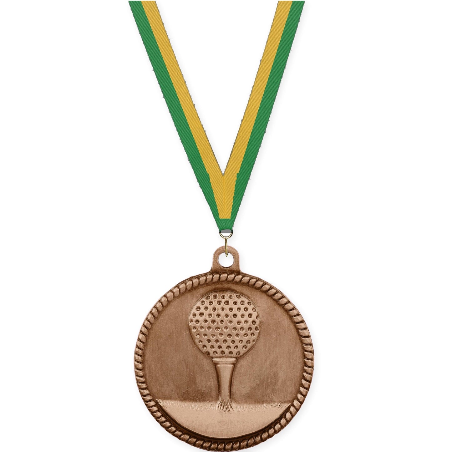 2 inch golf High Relief medal in antique bronze with Green Gold neck ribbon