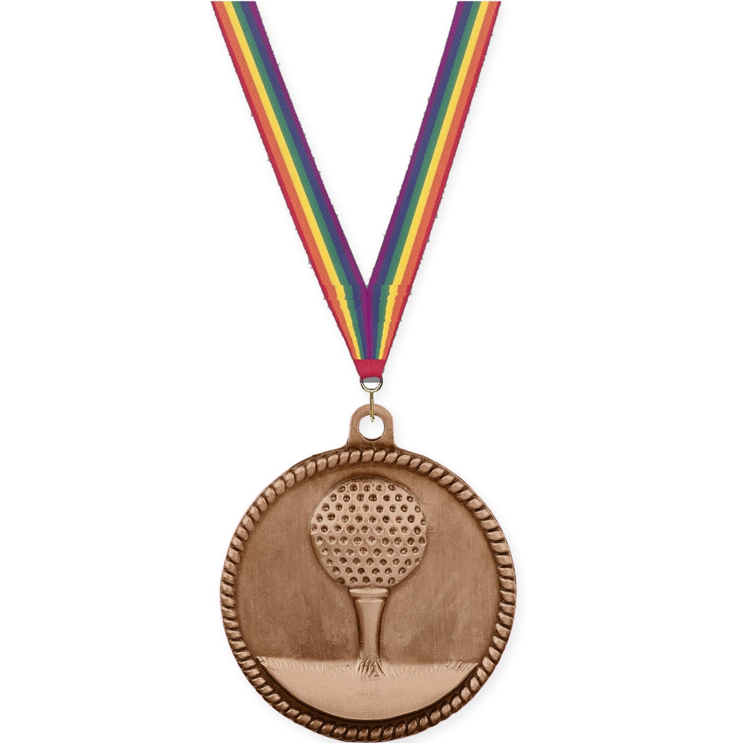 2 inch golf High Relief medal in antique bronze with Rainbow neck ribbon
