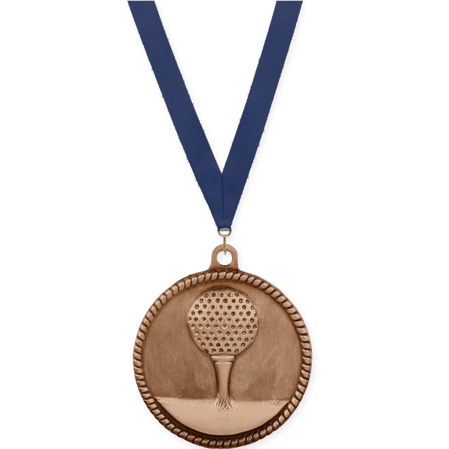 2 inch golf High Relief medal in antique bronze with Navy neck ribbon