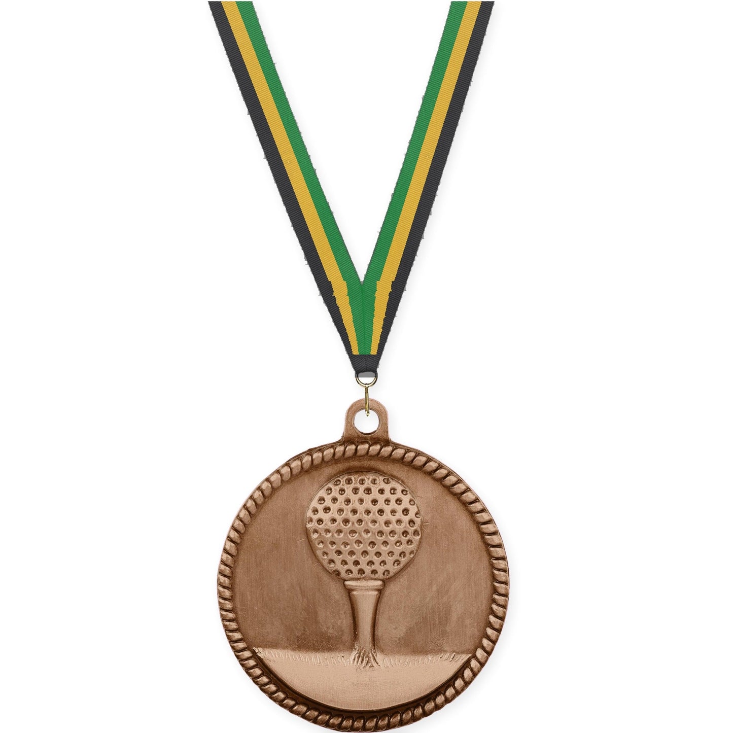 2 inch golf High Relief medal in antique bronze with Black Gold Green neck ribbon