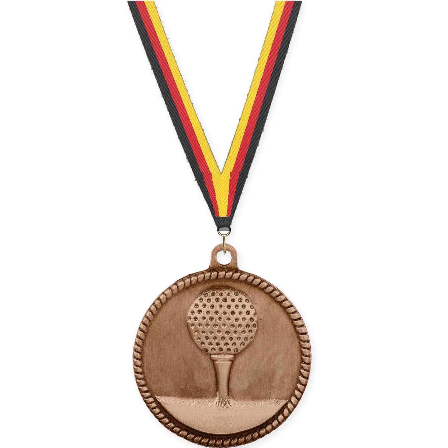 2 inch golf High Relief medal in antique bronze with Black Red Yellow neck ribbon