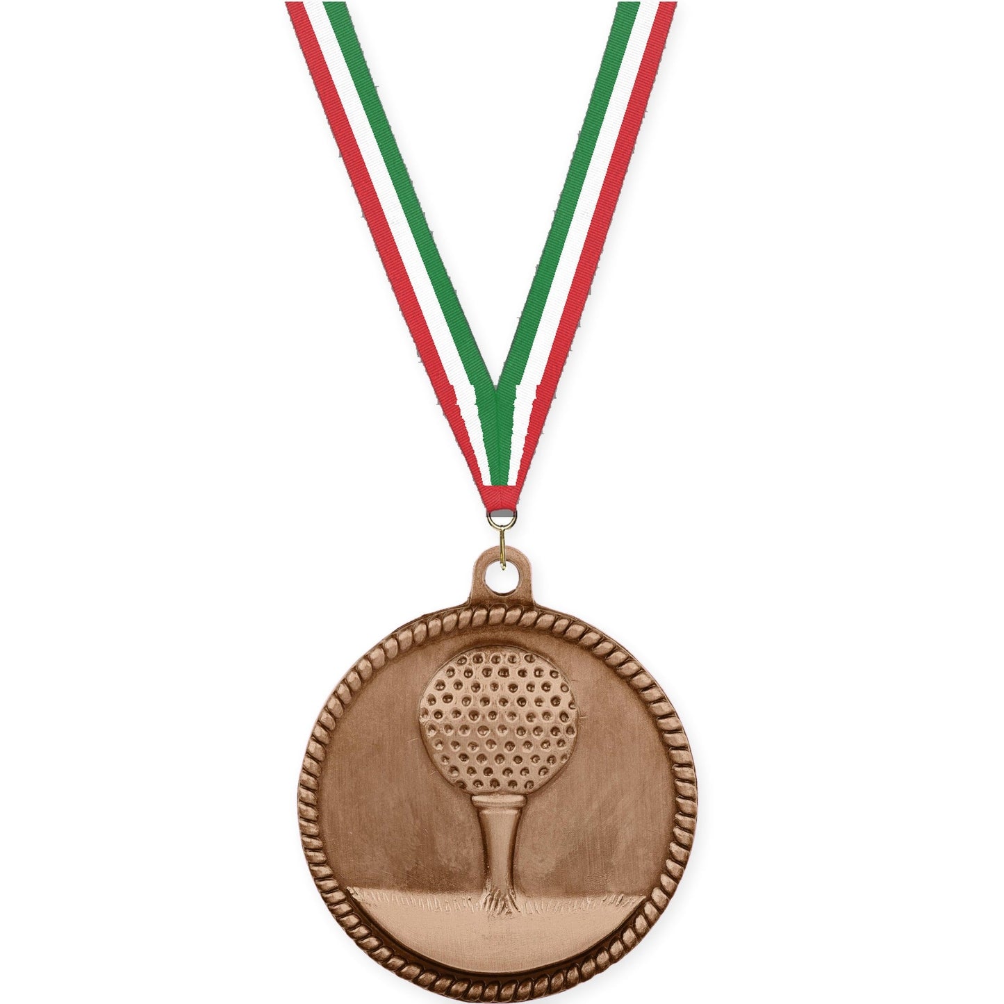 2 inch golf High Relief medal in antique bronze with Red White Green neck ribbon